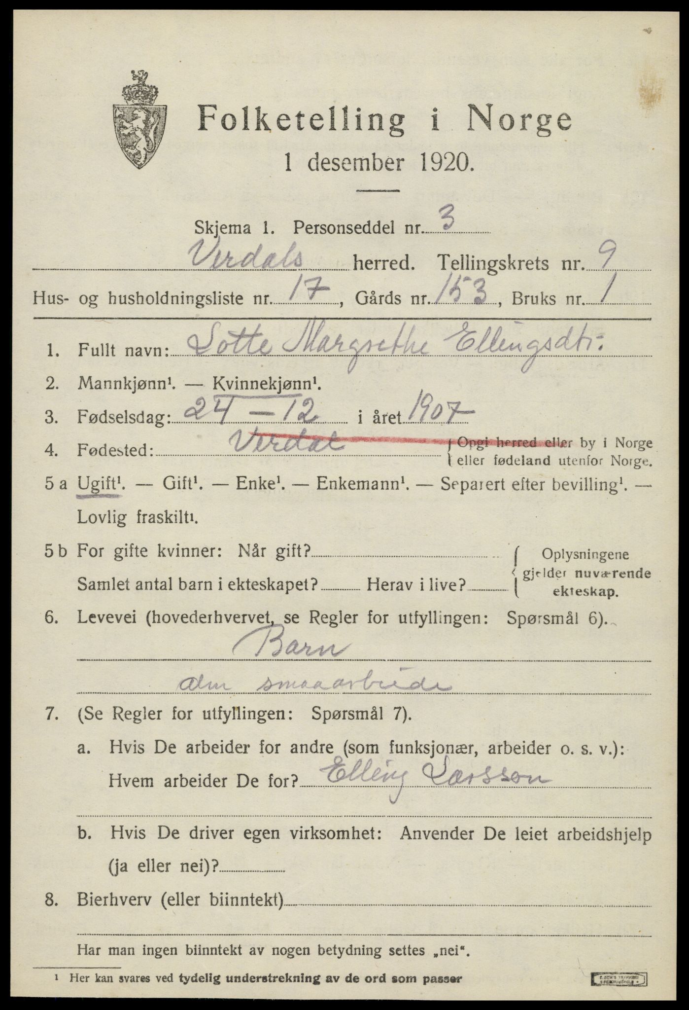 SAT, 1920 census for Verdal, 1920, p. 11595