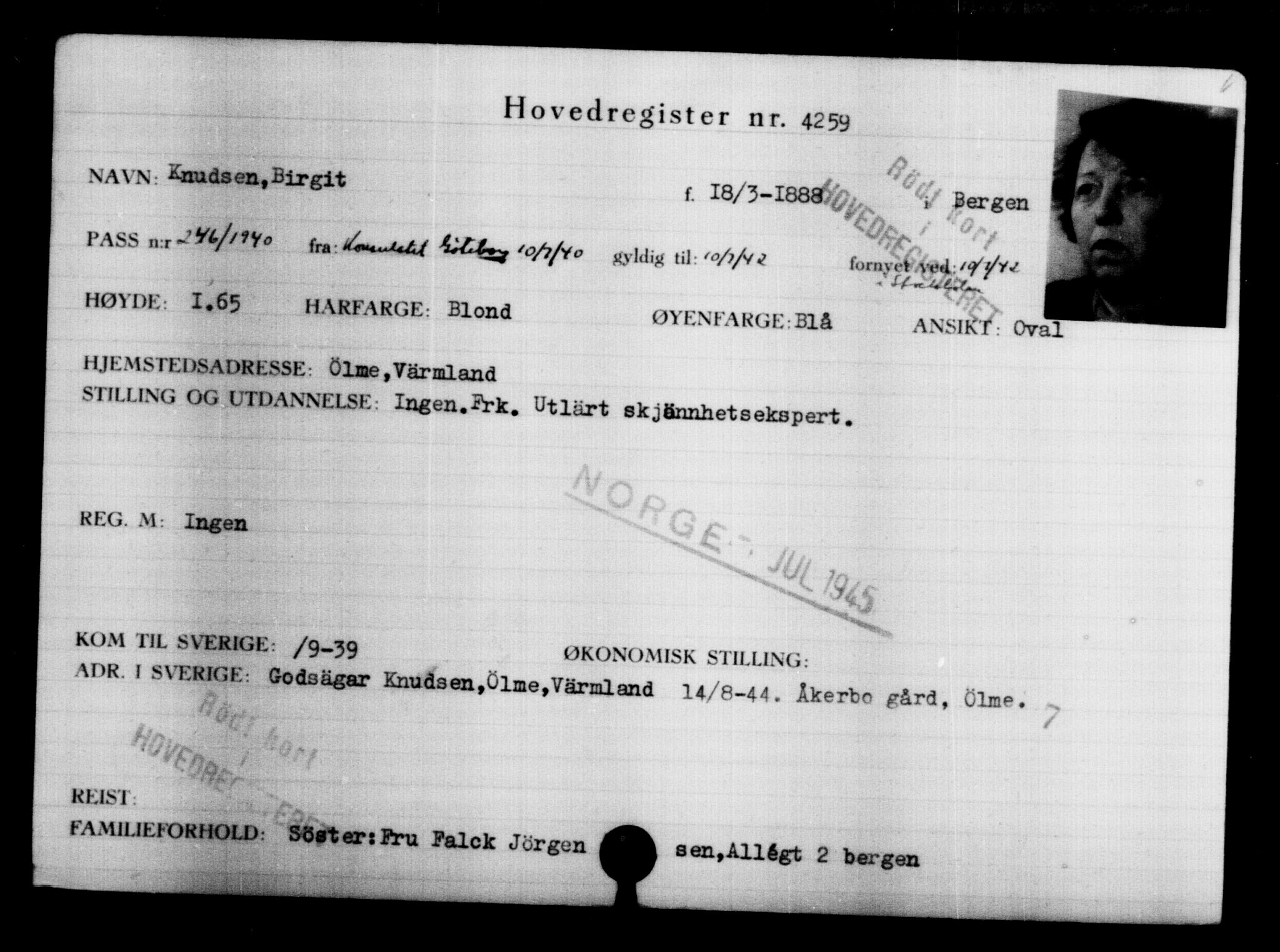 Utenriksstasjonene, Legasjonen i Stockholm, Flyktningkontoret, AV/RA-S-6753/V/Va/L0004: Kjesäterkartoteket, flyktninger med registreringsnr. 3496-6610, 1940-1945, p. 924