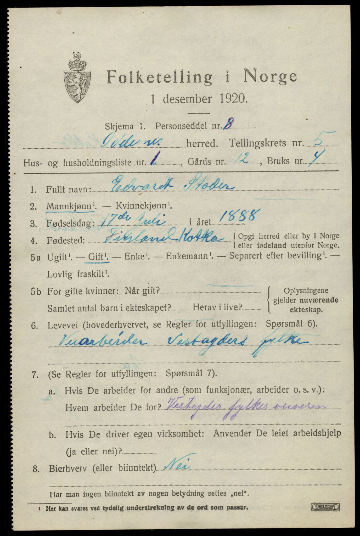 SAK, 1920 census for Oddernes, 1920, p. 4443