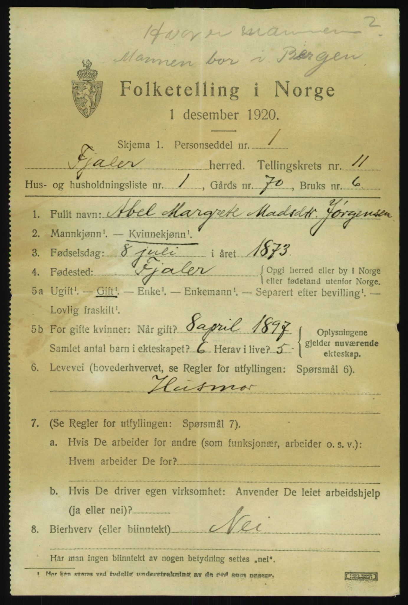 SAB, 1920 census for Fjaler, 1920, p. 6101