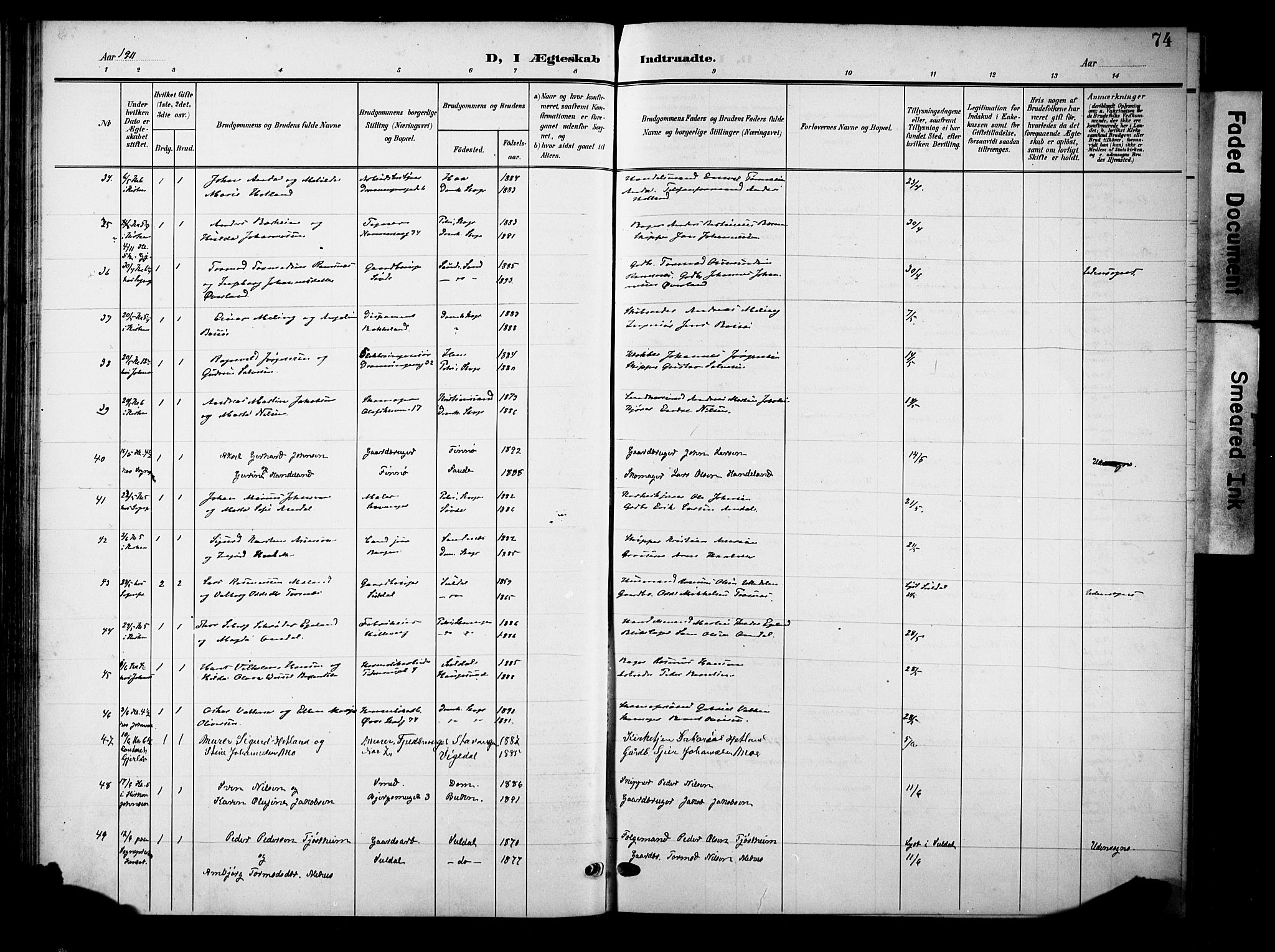 Domkirken sokneprestkontor, SAST/A-101812/001/30/30BB/L0017: Parish register (copy) no. B 17, 1902-1921, p. 74
