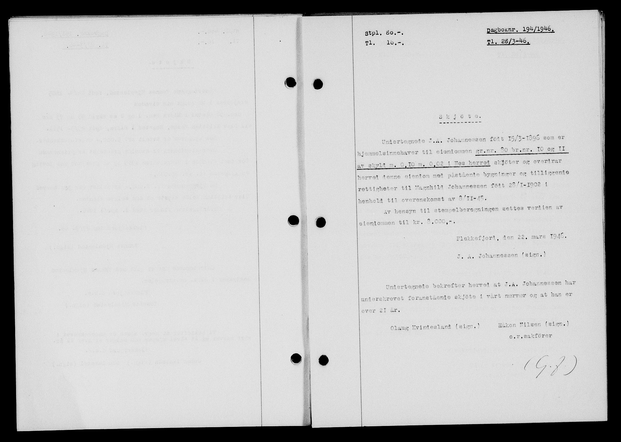 Flekkefjord sorenskriveri, SAK/1221-0001/G/Gb/Gba/L0060: Mortgage book no. A-8, 1945-1946, Diary no: : 194/1946