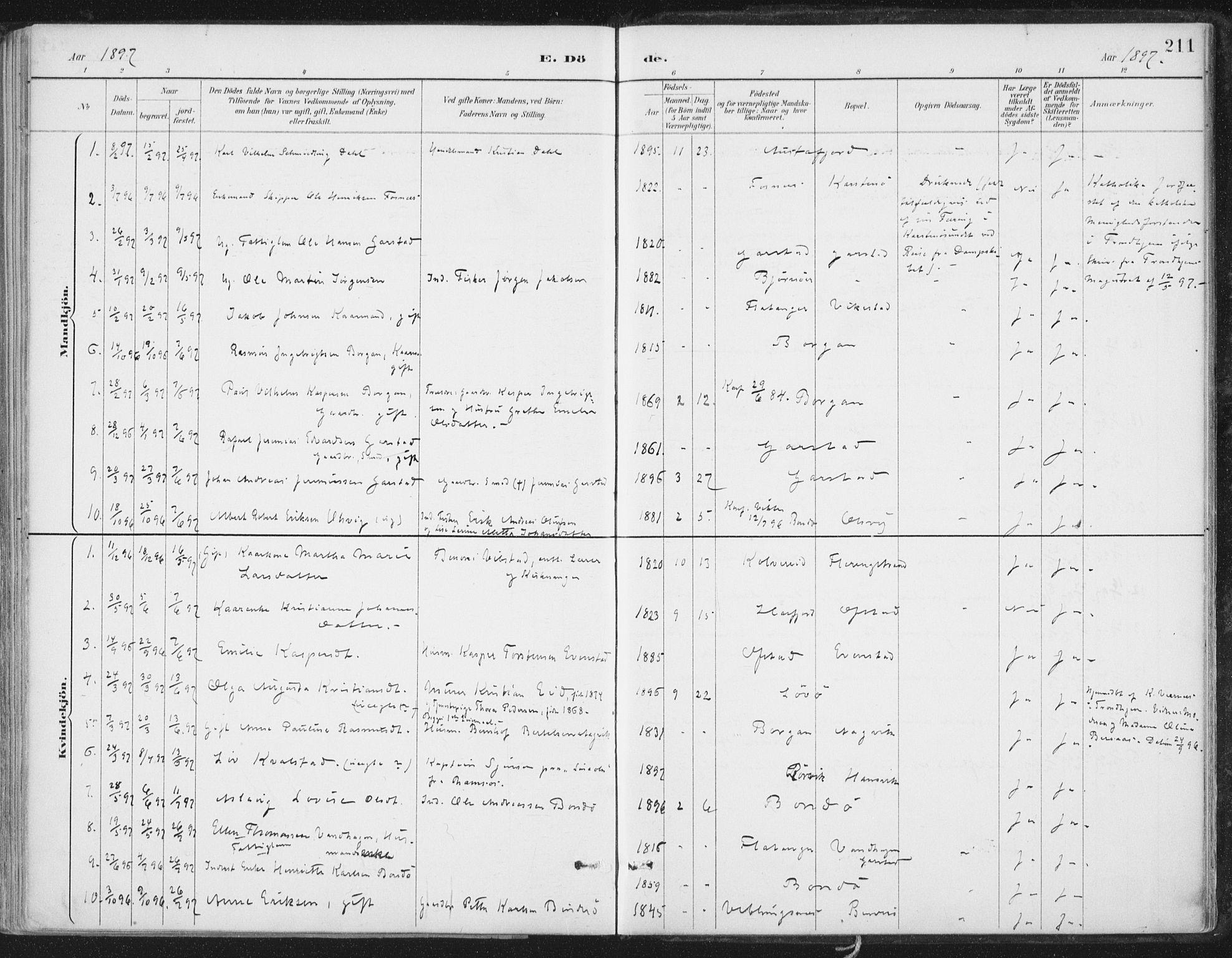 Ministerialprotokoller, klokkerbøker og fødselsregistre - Nord-Trøndelag, SAT/A-1458/786/L0687: Parish register (official) no. 786A03, 1888-1898, p. 211