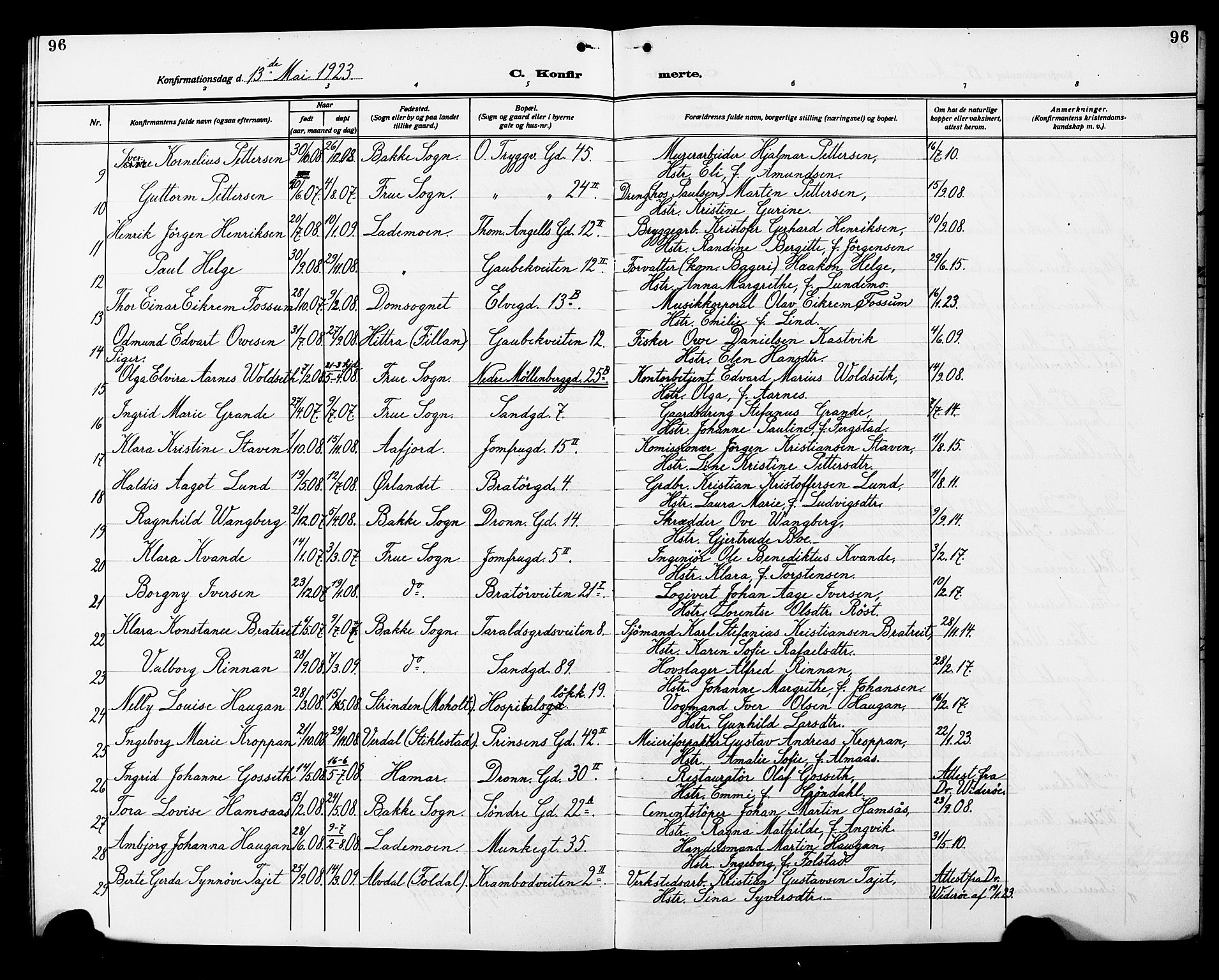 Ministerialprotokoller, klokkerbøker og fødselsregistre - Sør-Trøndelag, SAT/A-1456/602/L0147: Parish register (copy) no. 602C15, 1911-1924, p. 96