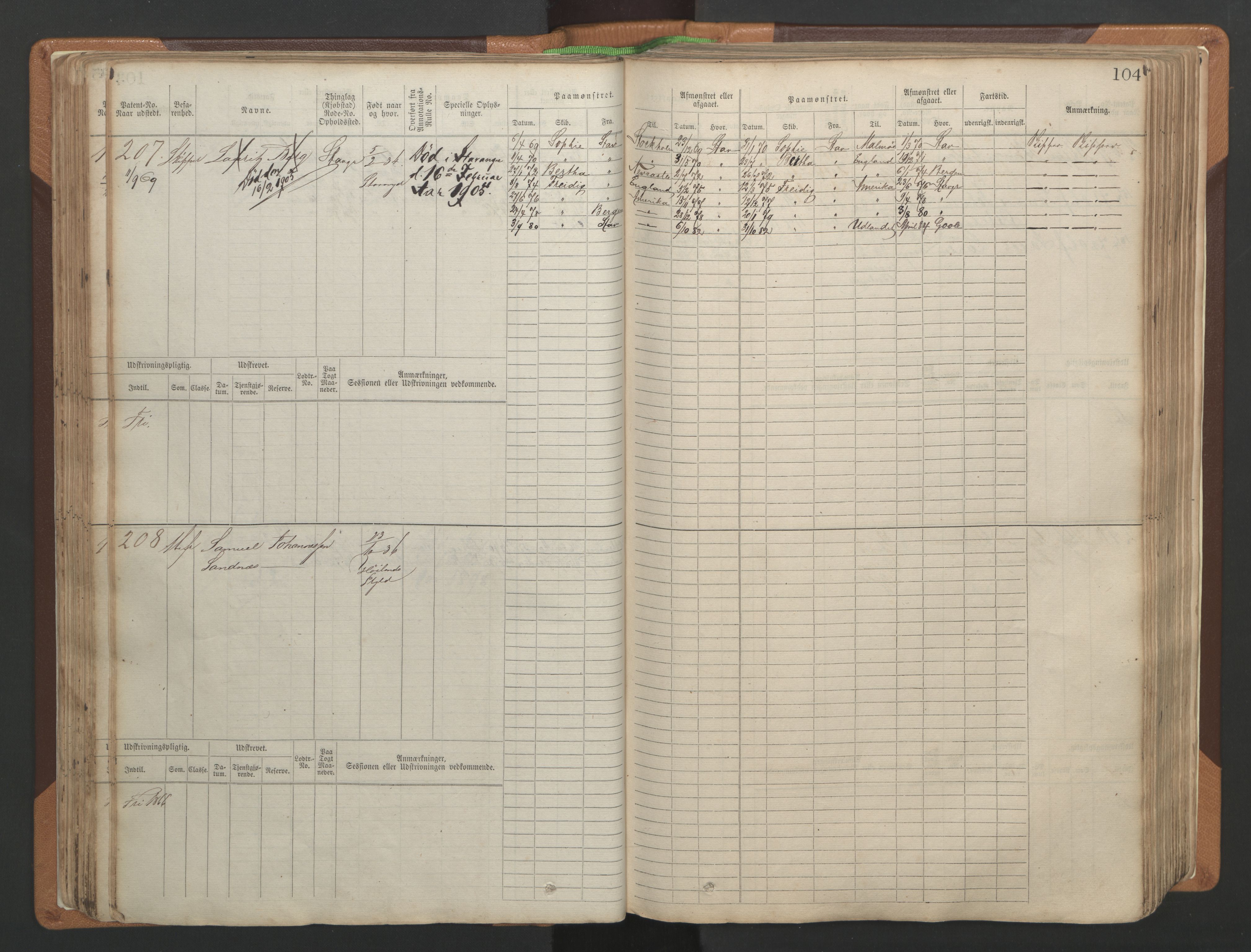 Stavanger sjømannskontor, AV/SAST-A-102006/F/Fb/Fbb/L0004: Sjøfartshovedrulle, patentnr. 1-792 (del 1), 1869-1880, p. 108