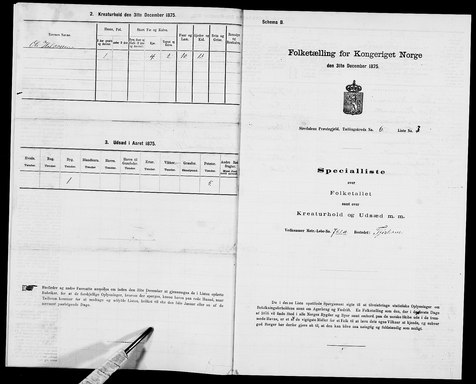 SAK, 1875 census for 1046P Sirdal, 1875, p. 483