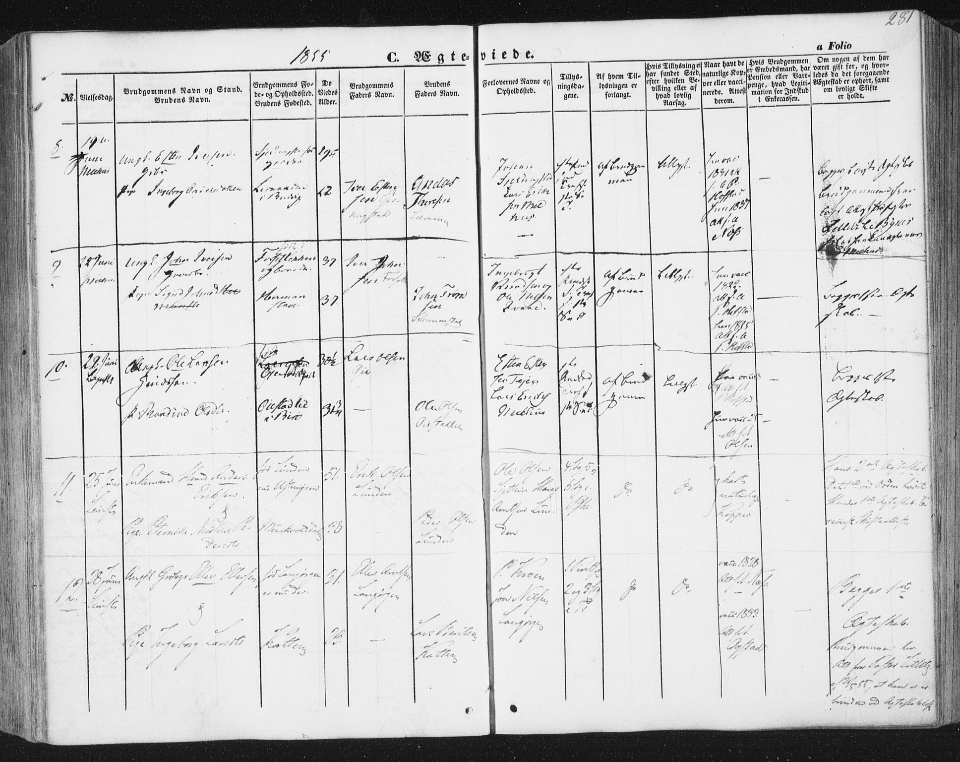 Ministerialprotokoller, klokkerbøker og fødselsregistre - Sør-Trøndelag, AV/SAT-A-1456/691/L1076: Parish register (official) no. 691A08, 1852-1861, p. 281