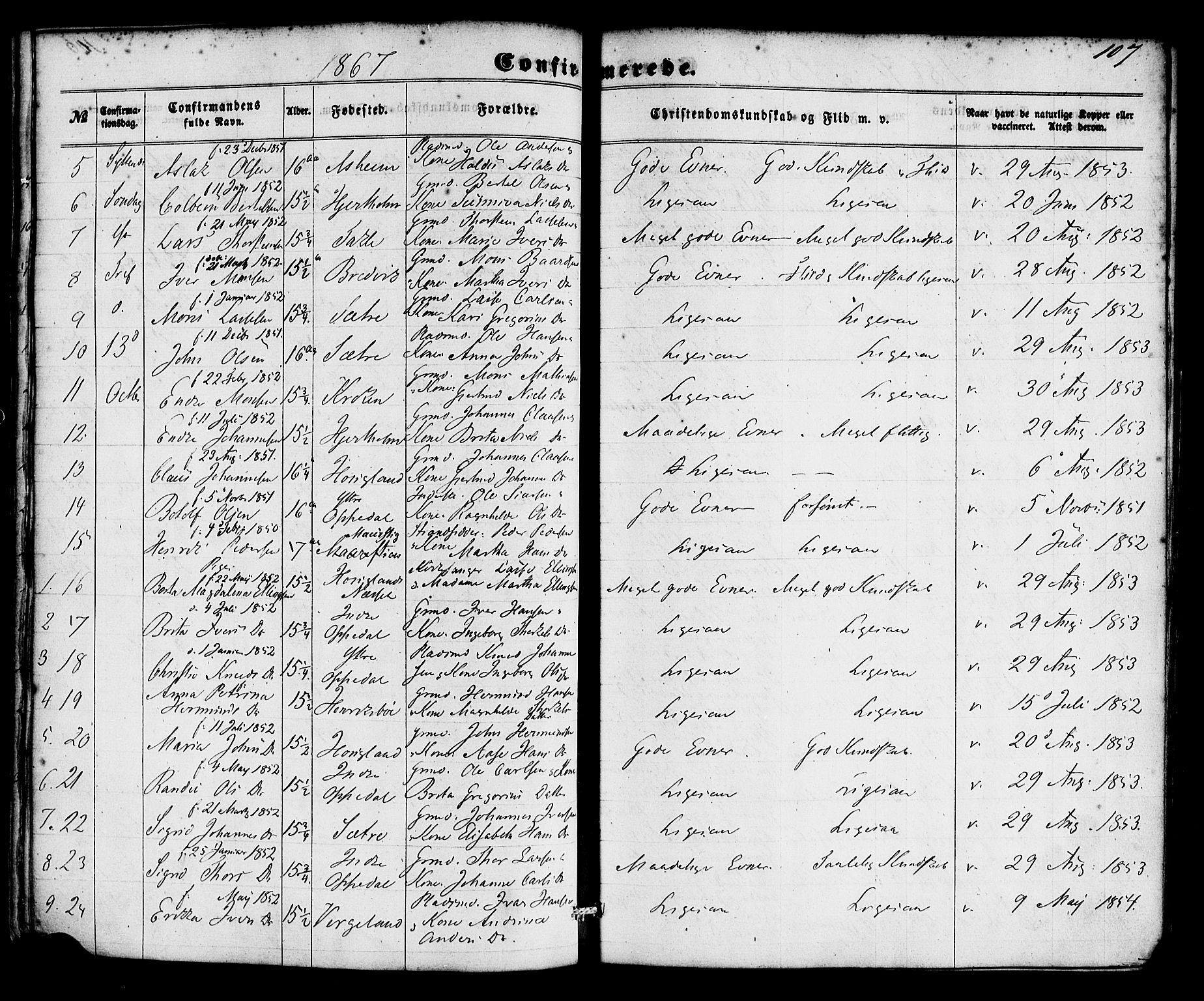 Gulen sokneprestembete, SAB/A-80201/H/Haa/Haac/L0001: Parish register (official) no. C 1, 1859-1881, p. 107