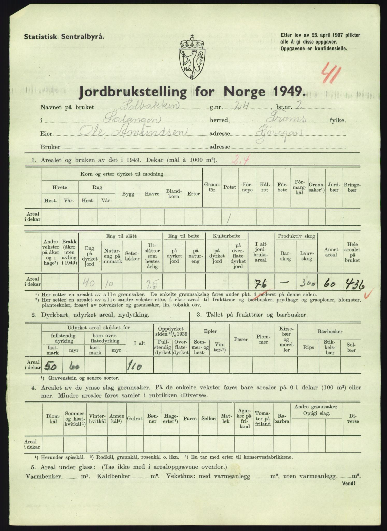 Statistisk sentralbyrå, Næringsøkonomiske emner, Jordbruk, skogbruk, jakt, fiske og fangst, AV/RA-S-2234/G/Gc/L0438: Troms: Salangen og Bardu, 1949, p. 855