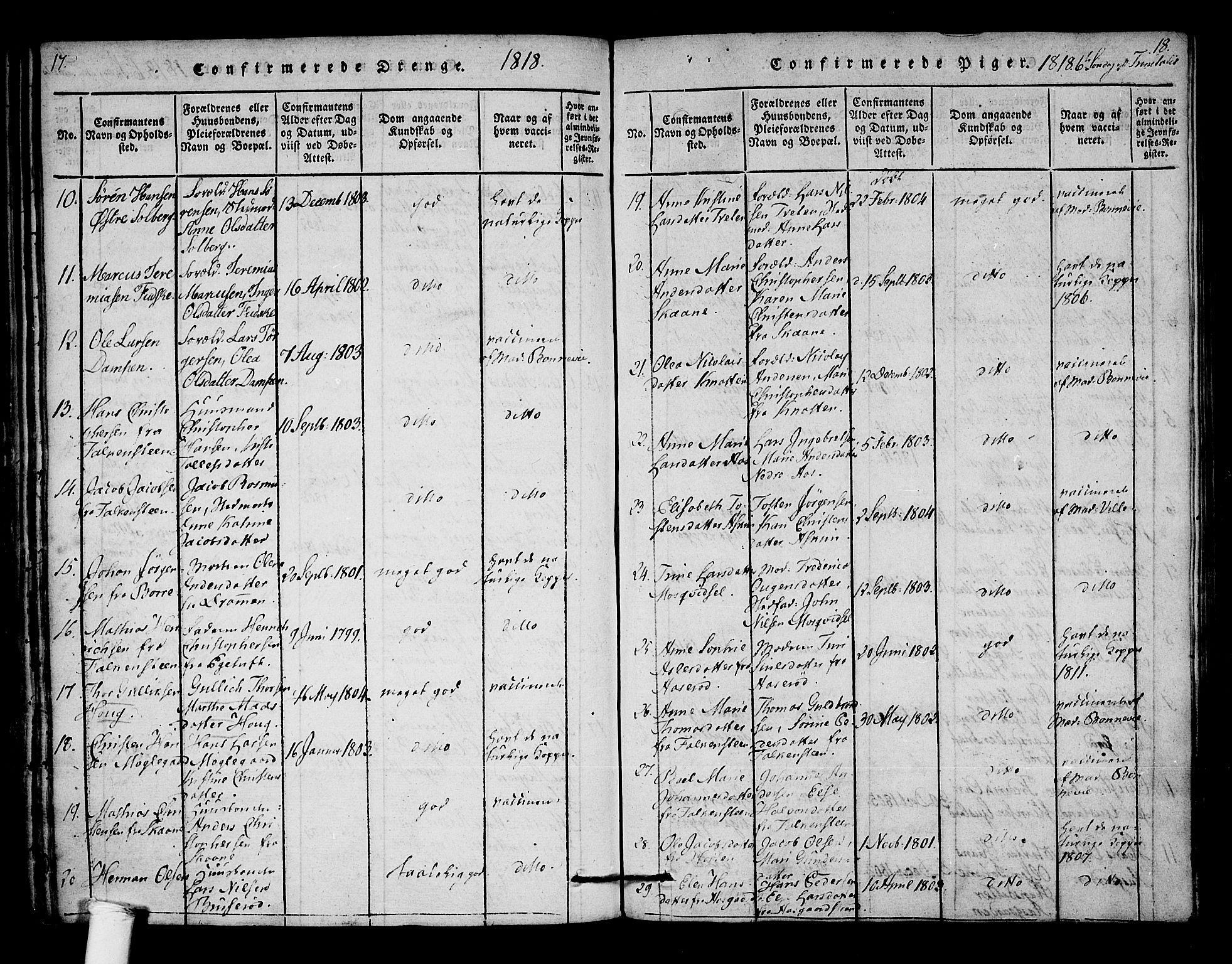 Borre kirkebøker, AV/SAKO-A-338/F/Fa/L0004: Parish register (official) no. I 4, 1815-1845, p. 17-18