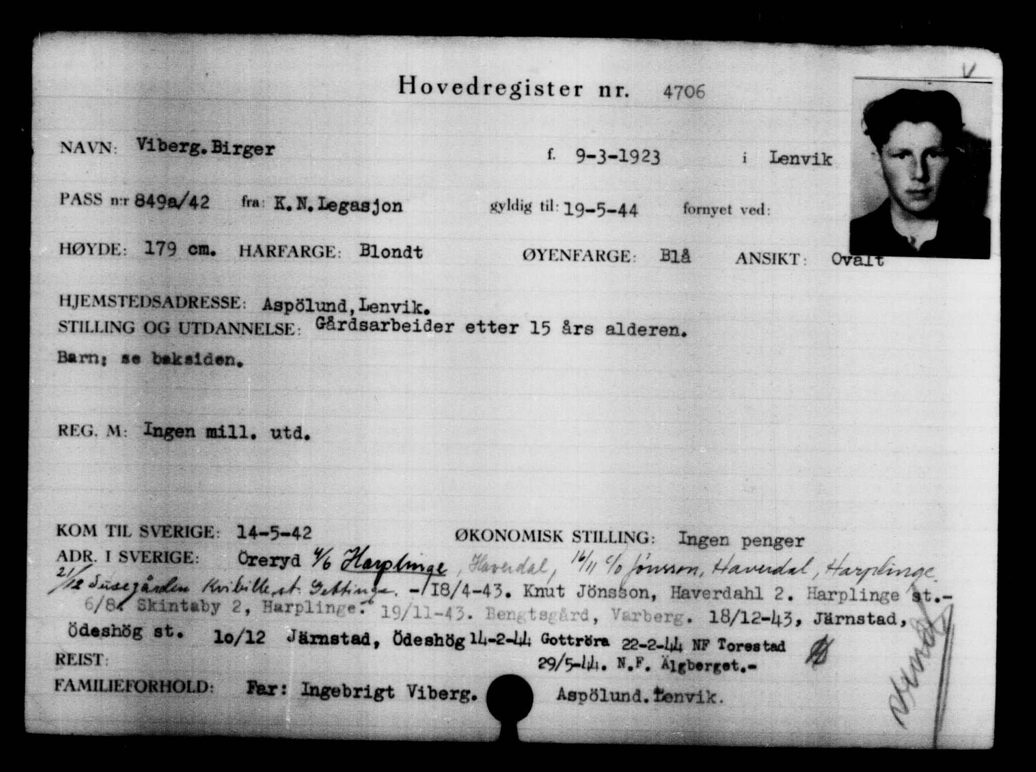 Utenriksstasjonene, Legasjonen i Stockholm, Flyktningkontoret, AV/RA-S-6753/V/Va/L0004: Kjesäterkartoteket, flyktninger med registreringsnr. 3496-6610, 1940-1945, p. 1428