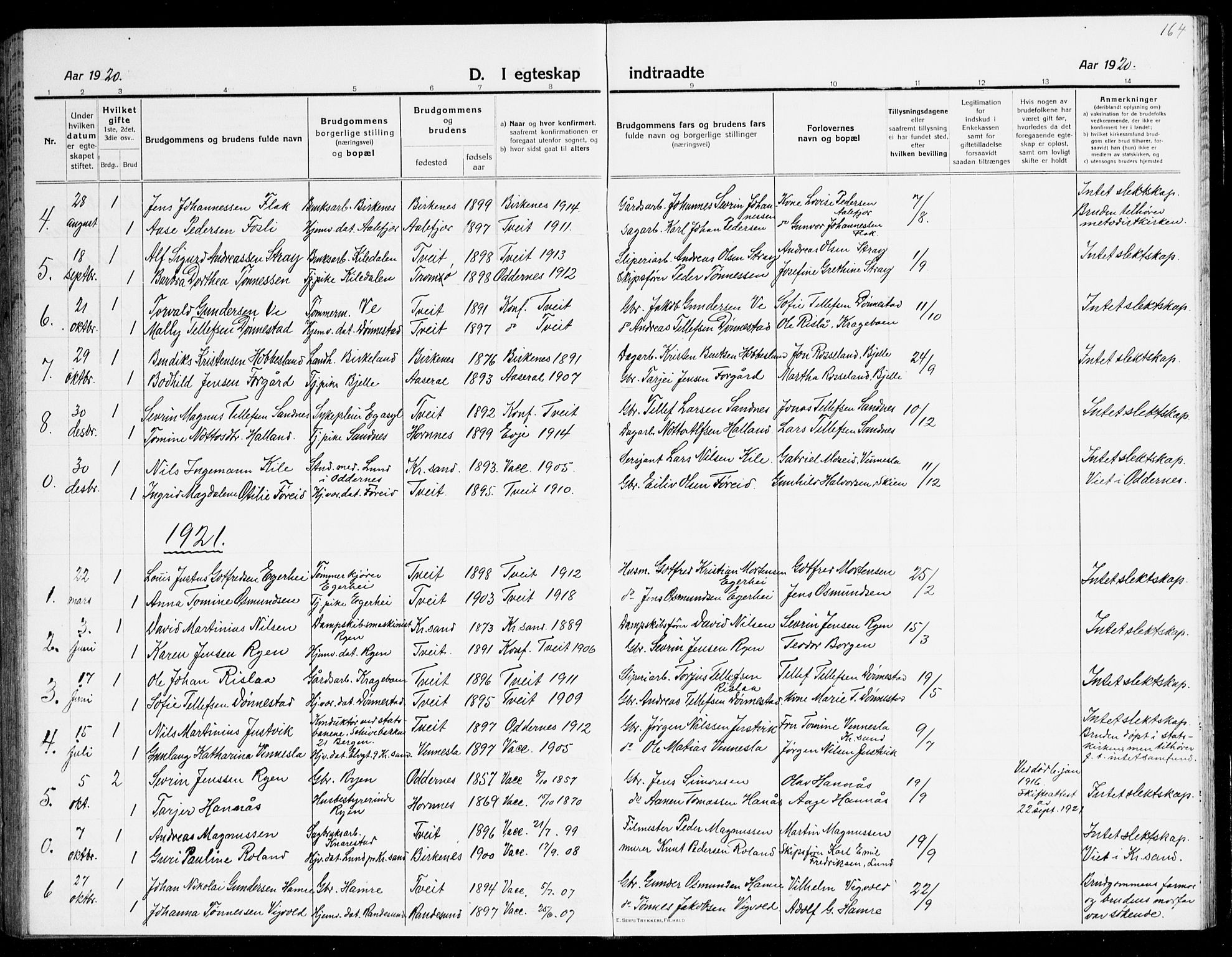 Tveit sokneprestkontor, SAK/1111-0043/F/Fb/L0005: Parish register (copy) no. B 5, 1915-1941, p. 164