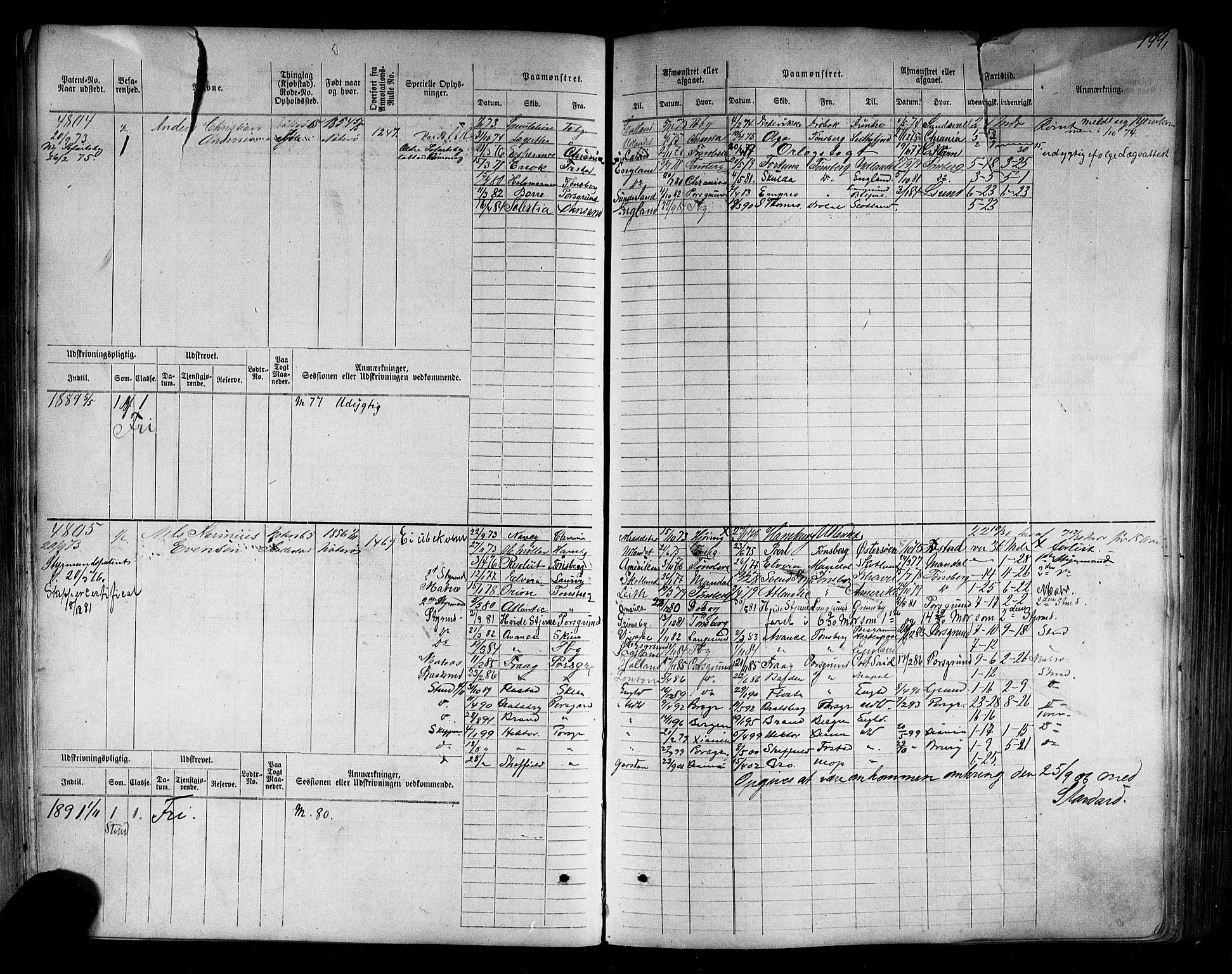 Tønsberg innrulleringskontor, SAKO/A-786/F/Fc/Fca/L0007: Hovedrulle Patent nr. 4408-5607, 1871-1876, p. 201