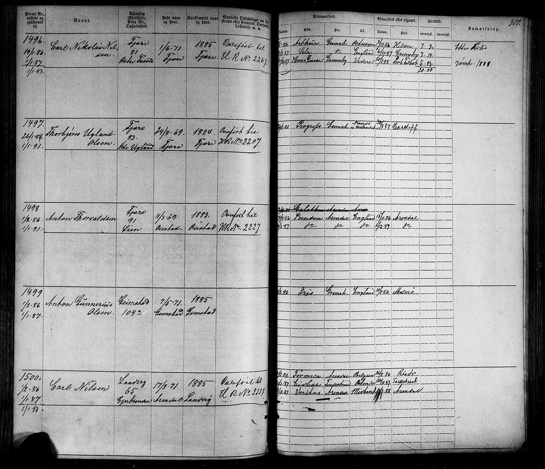 Grimstad mønstringskrets, SAK/2031-0013/F/Fa/L0005: Annotasjonsrulle nr 1-1910 med register, V-18, 1870-1892, p. 338