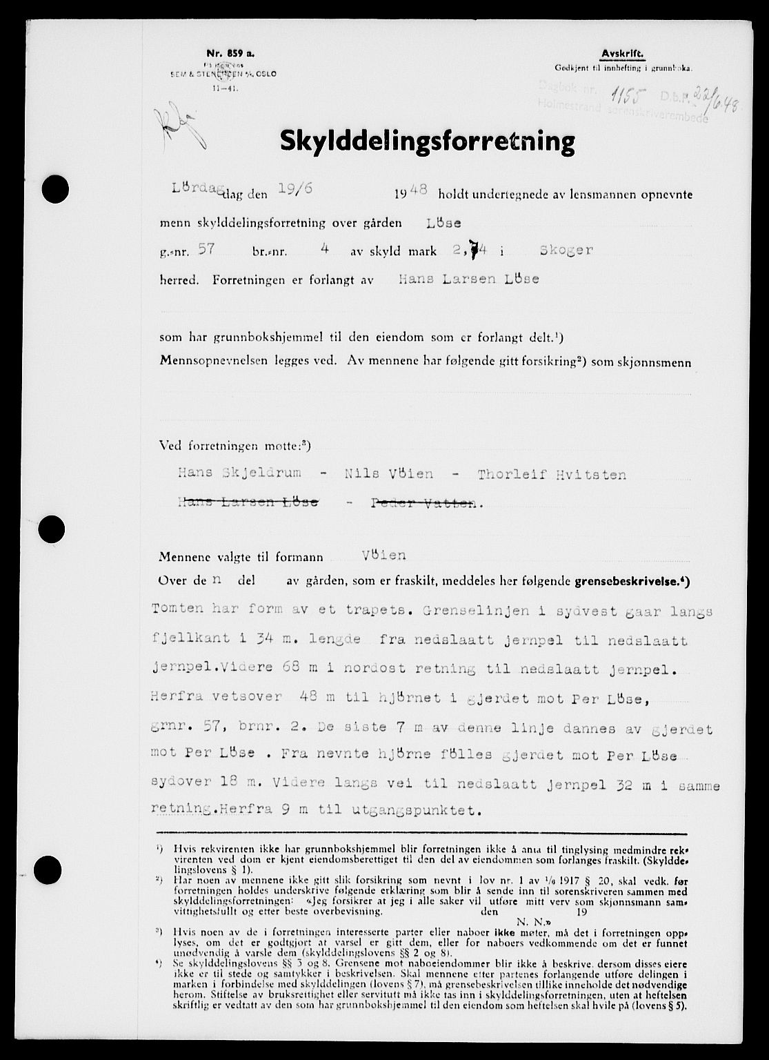 Holmestrand sorenskriveri, AV/SAKO-A-67/G/Ga/Gaa/L0064: Mortgage book no. A-64, 1948-1948, Diary no: : 1155/1948