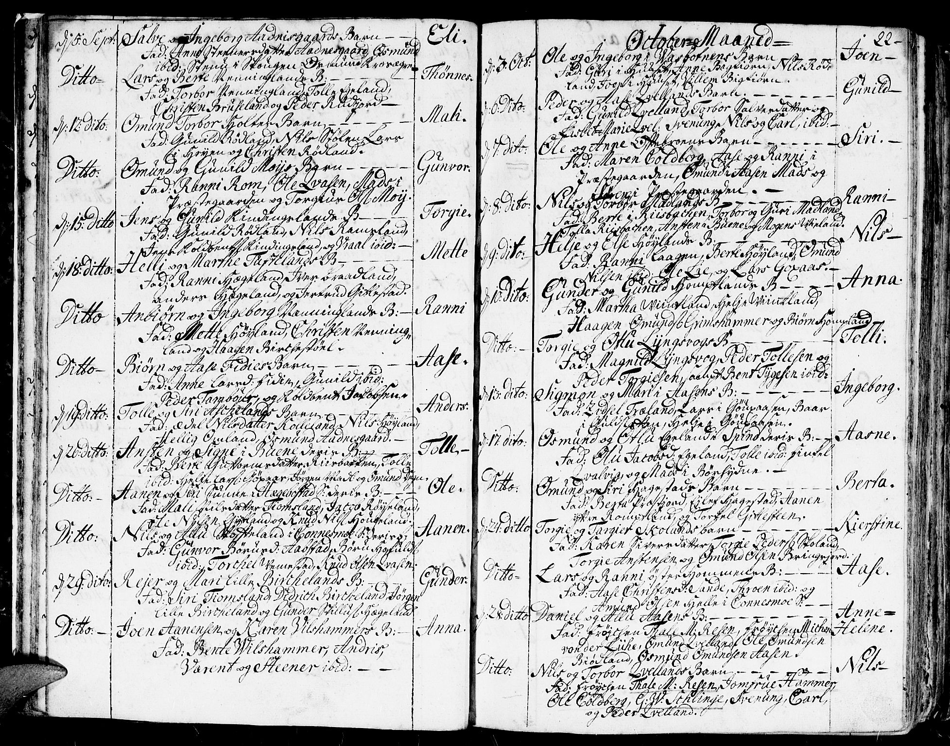 Lyngdal sokneprestkontor, AV/SAK-1111-0029/F/Fa/Fac/L0001: Parish register (official) no. A 1, 1727-1779, p. 22