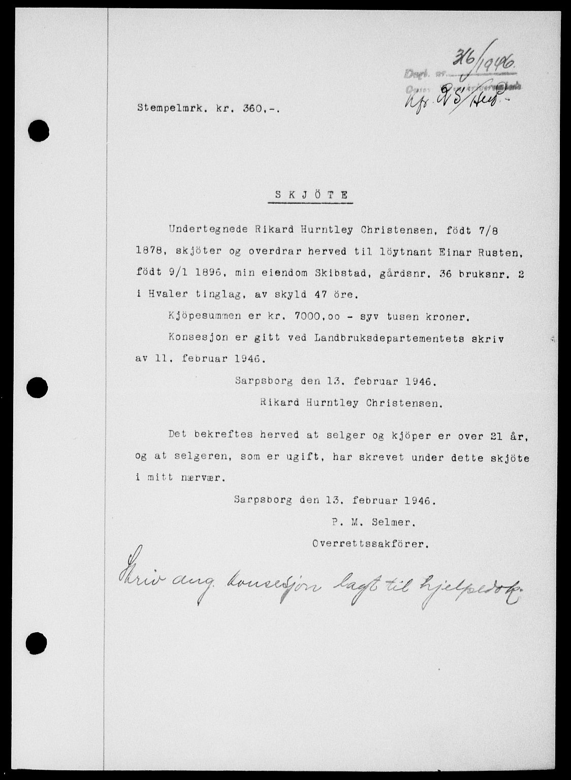 Onsøy sorenskriveri, SAO/A-10474/G/Ga/Gab/L0015: Mortgage book no. II A-15, 1945-1946, Diary no: : 316/1946