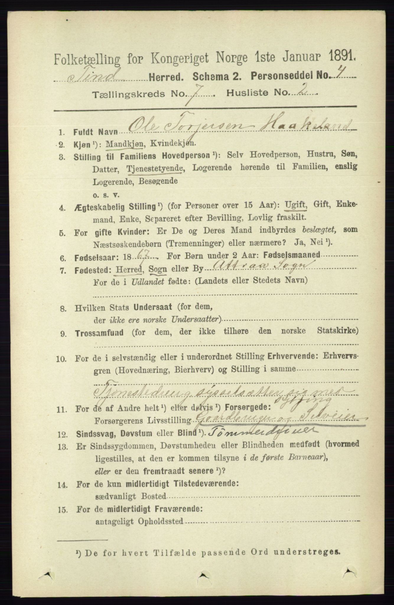 RA, 1891 census for 0826 Tinn, 1891, p. 1448