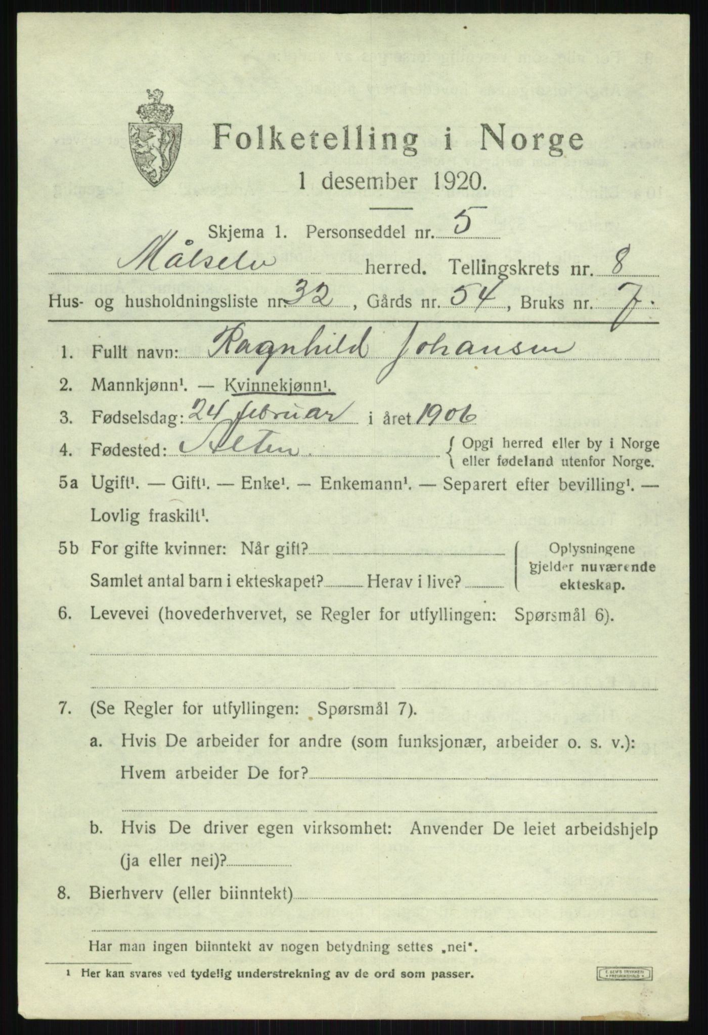 SATØ, 1920 census for Målselv, 1920, p. 5269