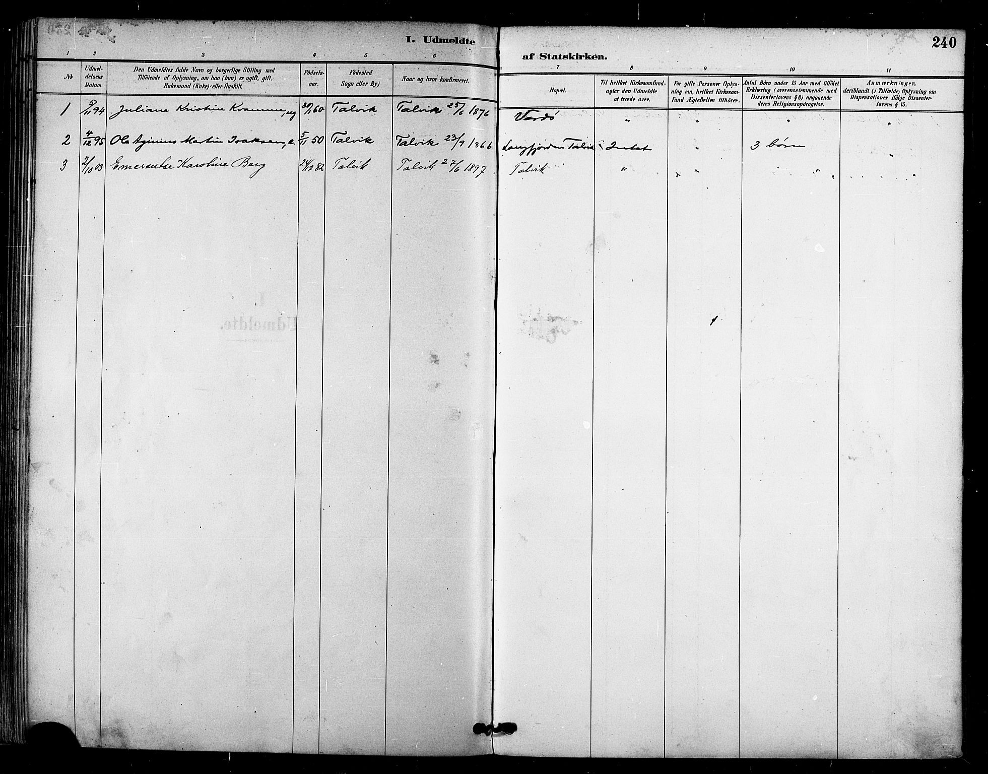 Talvik sokneprestkontor, SATØ/S-1337/H/Ha/L0013kirke: Parish register (official) no. 13, 1886-1897, p. 240