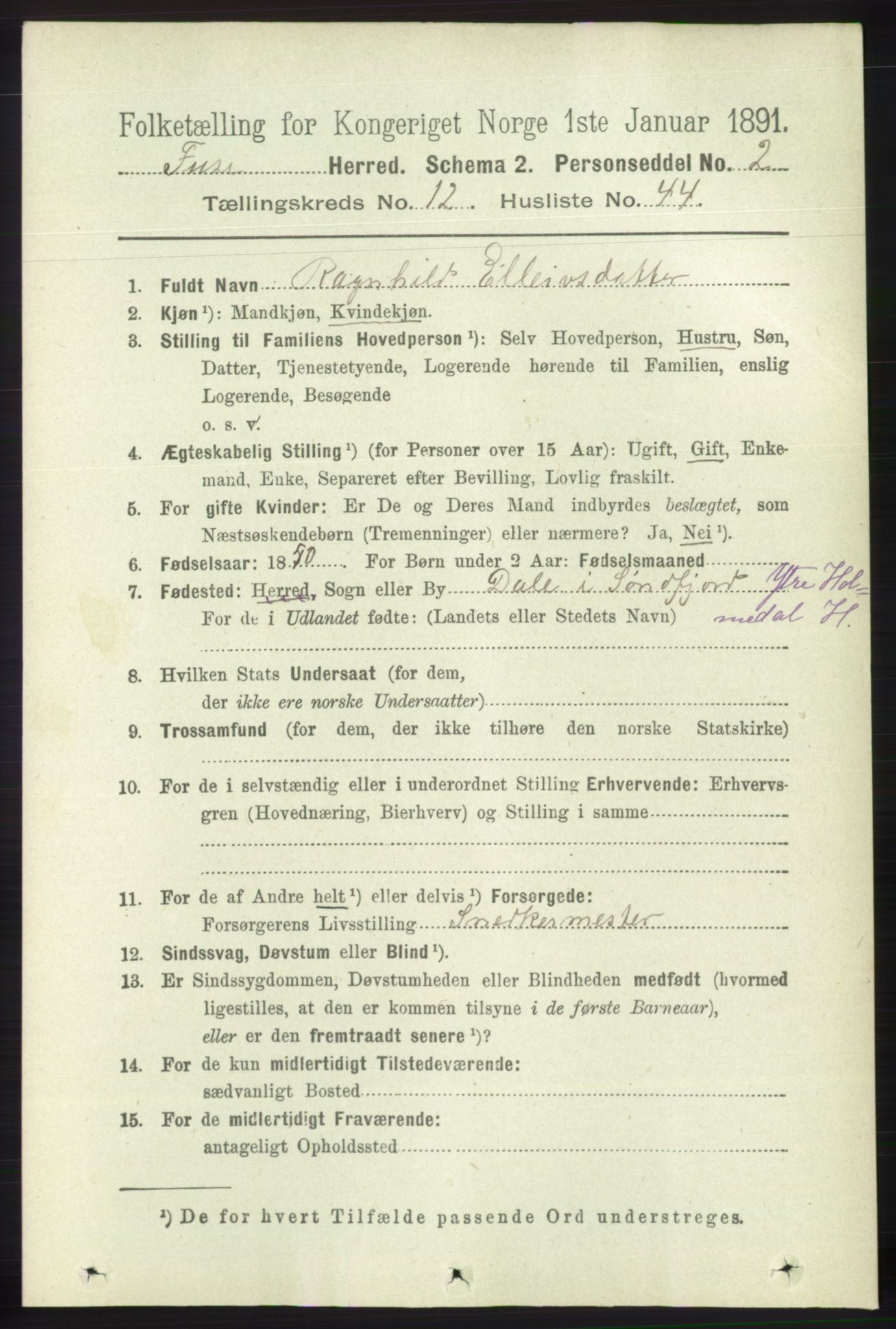 RA, 1891 census for 1241 Fusa, 1891, p. 2607