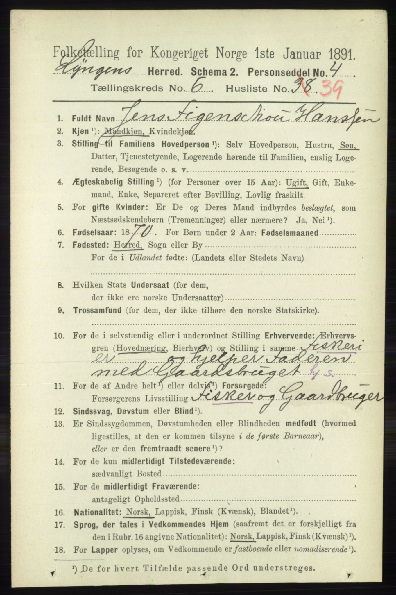 RA, 1891 census for 1938 Lyngen, 1891, p. 5541