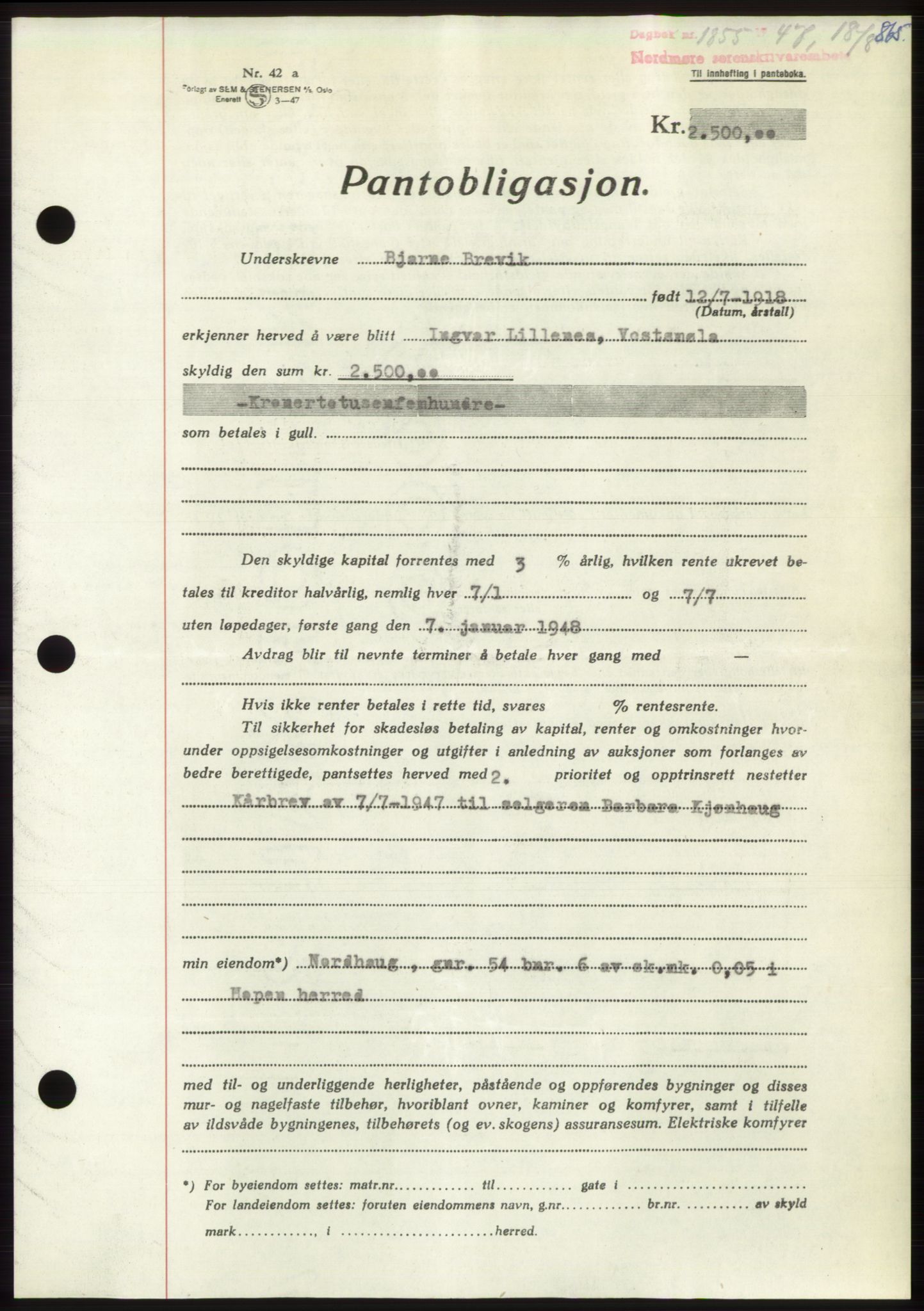 Nordmøre sorenskriveri, AV/SAT-A-4132/1/2/2Ca: Mortgage book no. B96, 1947-1947, Diary no: : 1855/1947