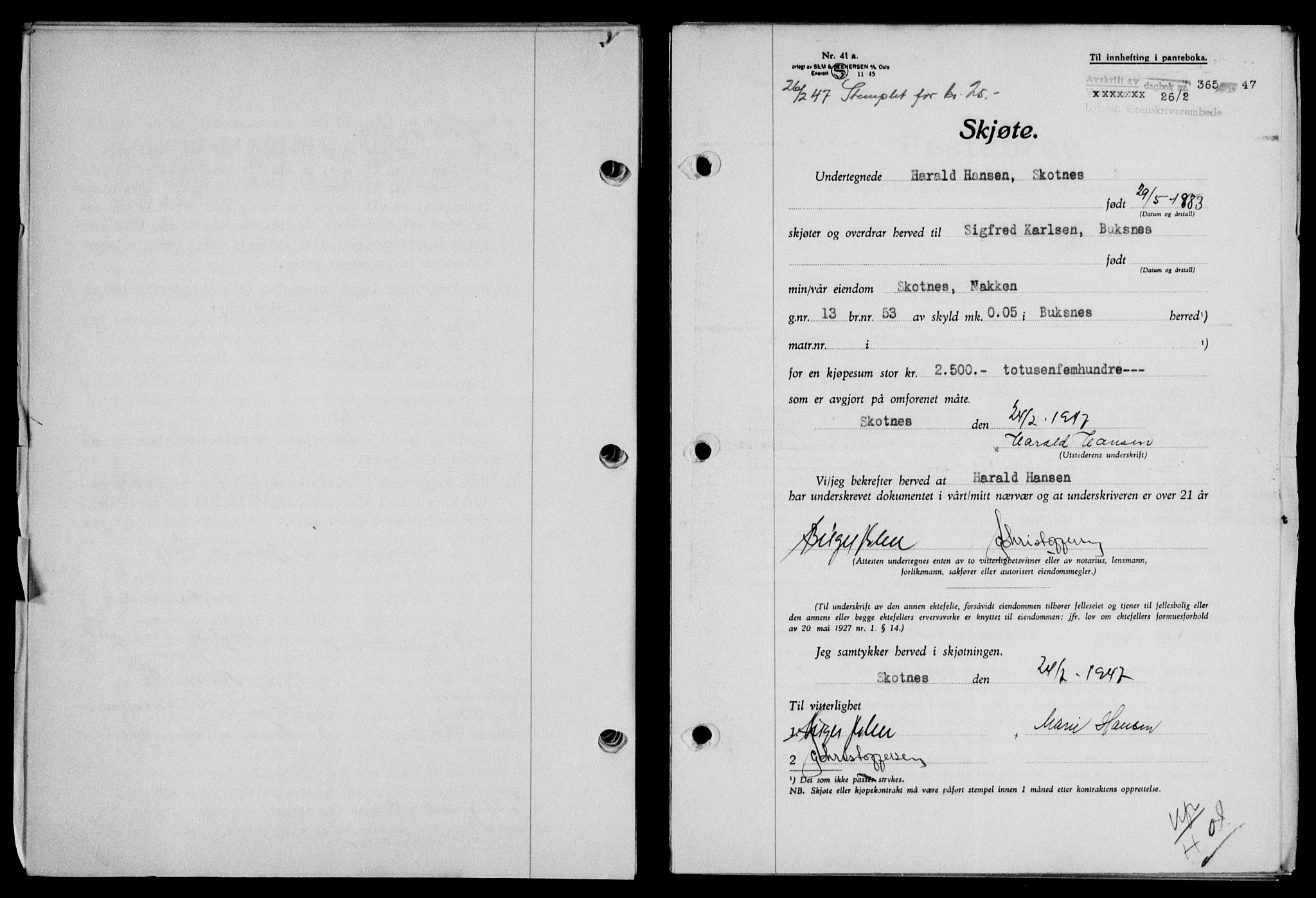 Lofoten sorenskriveri, SAT/A-0017/1/2/2C/L0015a: Mortgage book no. 15a, 1946-1947, Diary no: : 365/1947