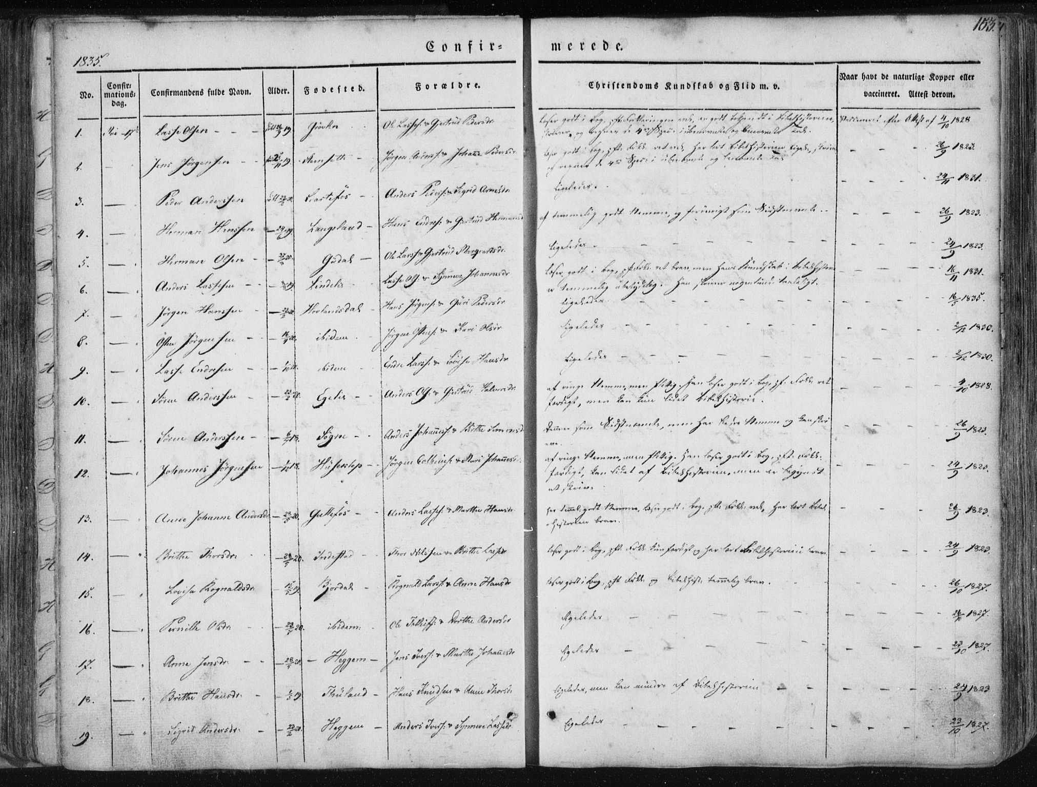 Fjaler sokneprestembete, AV/SAB-A-79801/H/Haa/Haaa/L0006: Parish register (official) no. A 6, 1835-1884, p. 153