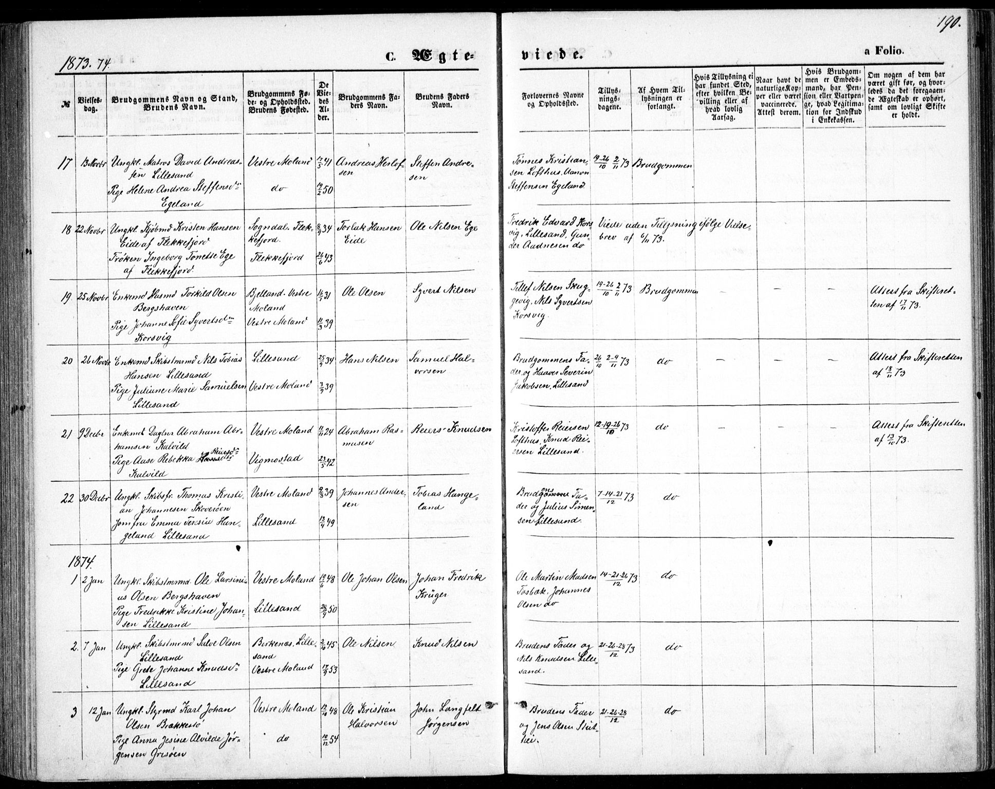 Vestre Moland sokneprestkontor, AV/SAK-1111-0046/F/Fb/Fbb/L0005: Parish register (copy) no. B 5, 1872-1883, p. 190