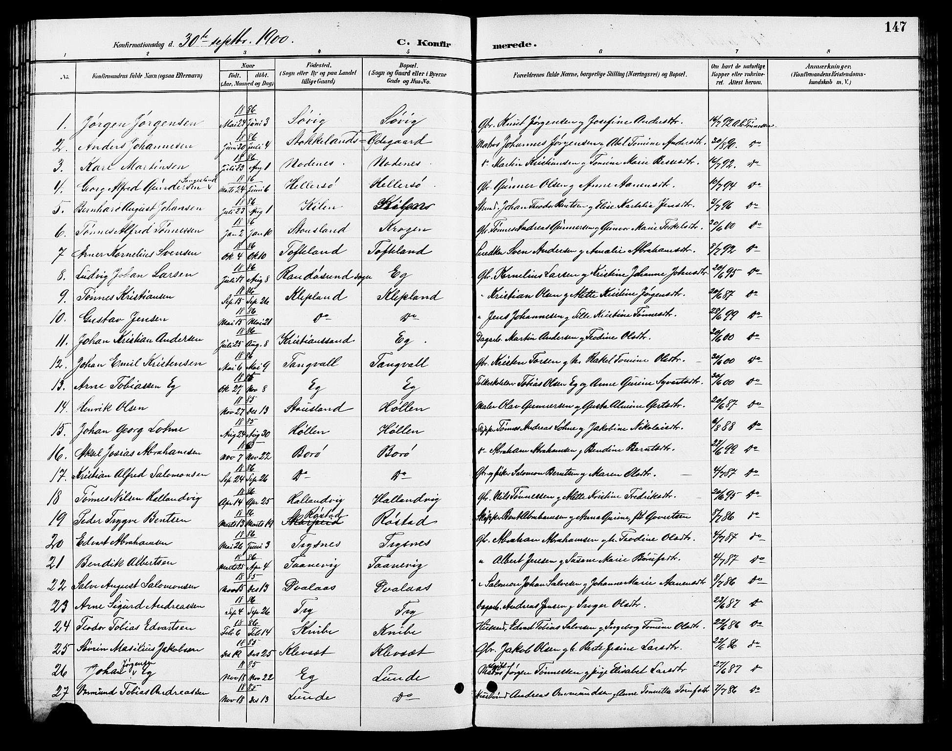 Søgne sokneprestkontor, SAK/1111-0037/F/Fb/Fbb/L0006: Parish register (copy) no. B 6, 1892-1911, p. 147