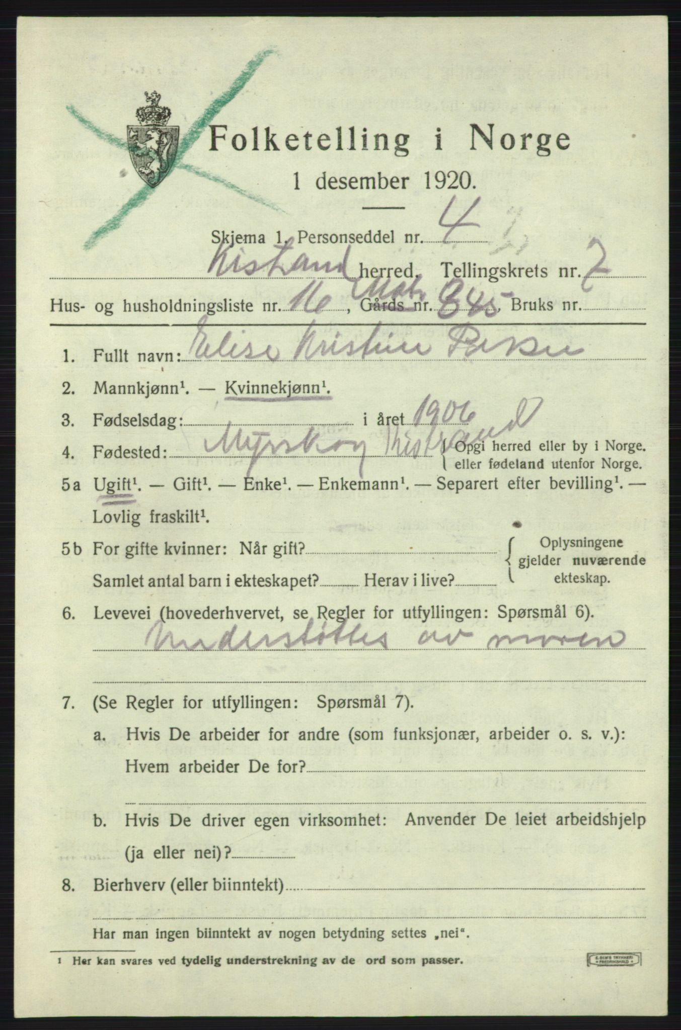 SATØ, 1920 census for Kistrand, 1920, p. 4418
