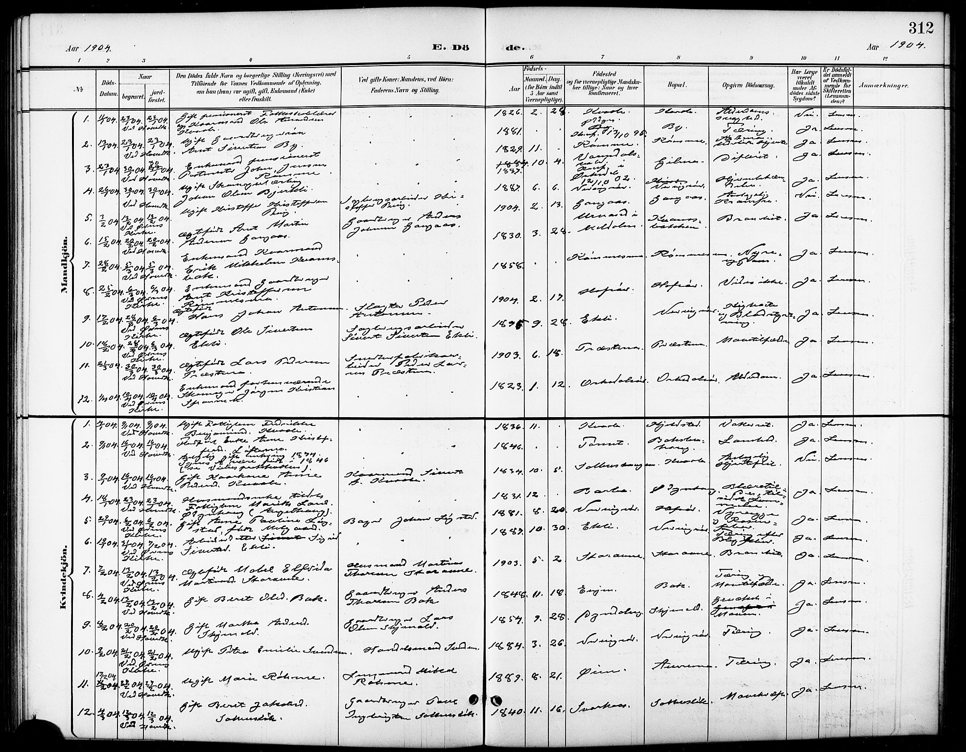 Ministerialprotokoller, klokkerbøker og fødselsregistre - Sør-Trøndelag, SAT/A-1456/668/L0819: Parish register (copy) no. 668C08, 1899-1912, p. 312