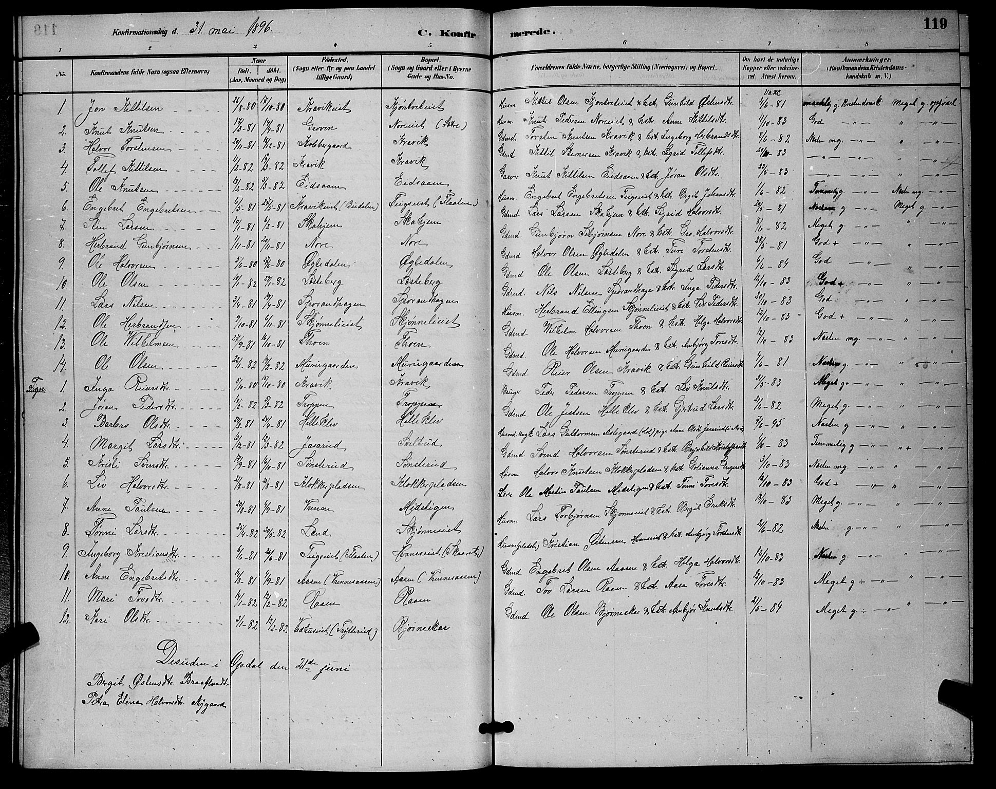 Nore kirkebøker, SAKO/A-238/G/Ga/L0003: Parish register (copy) no. I 3, 1886-1903, p. 119