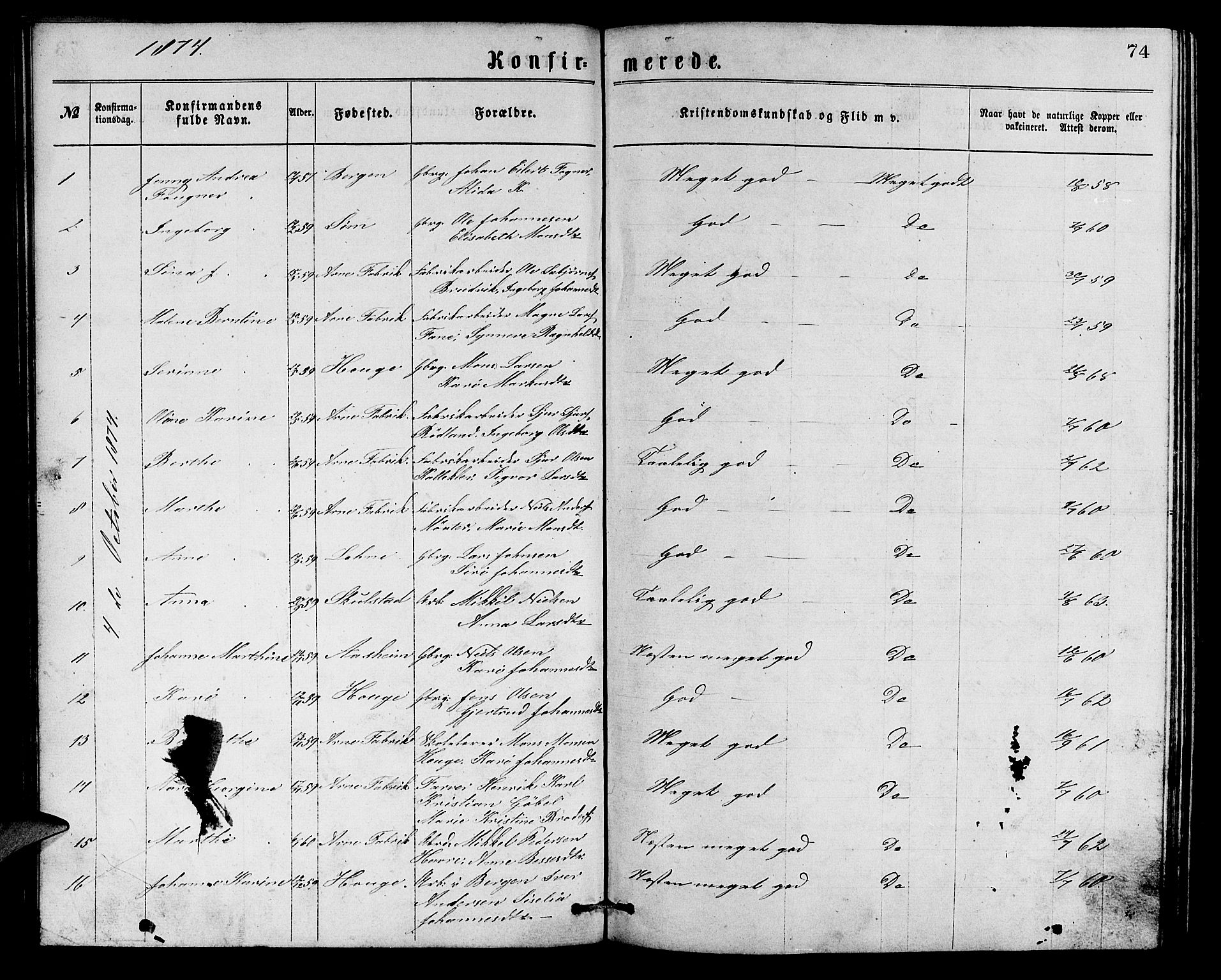 Arna Sokneprestembete, AV/SAB-A-74001/H/Ha/Hab: Parish register (copy) no. A 1, 1869-1879, p. 74