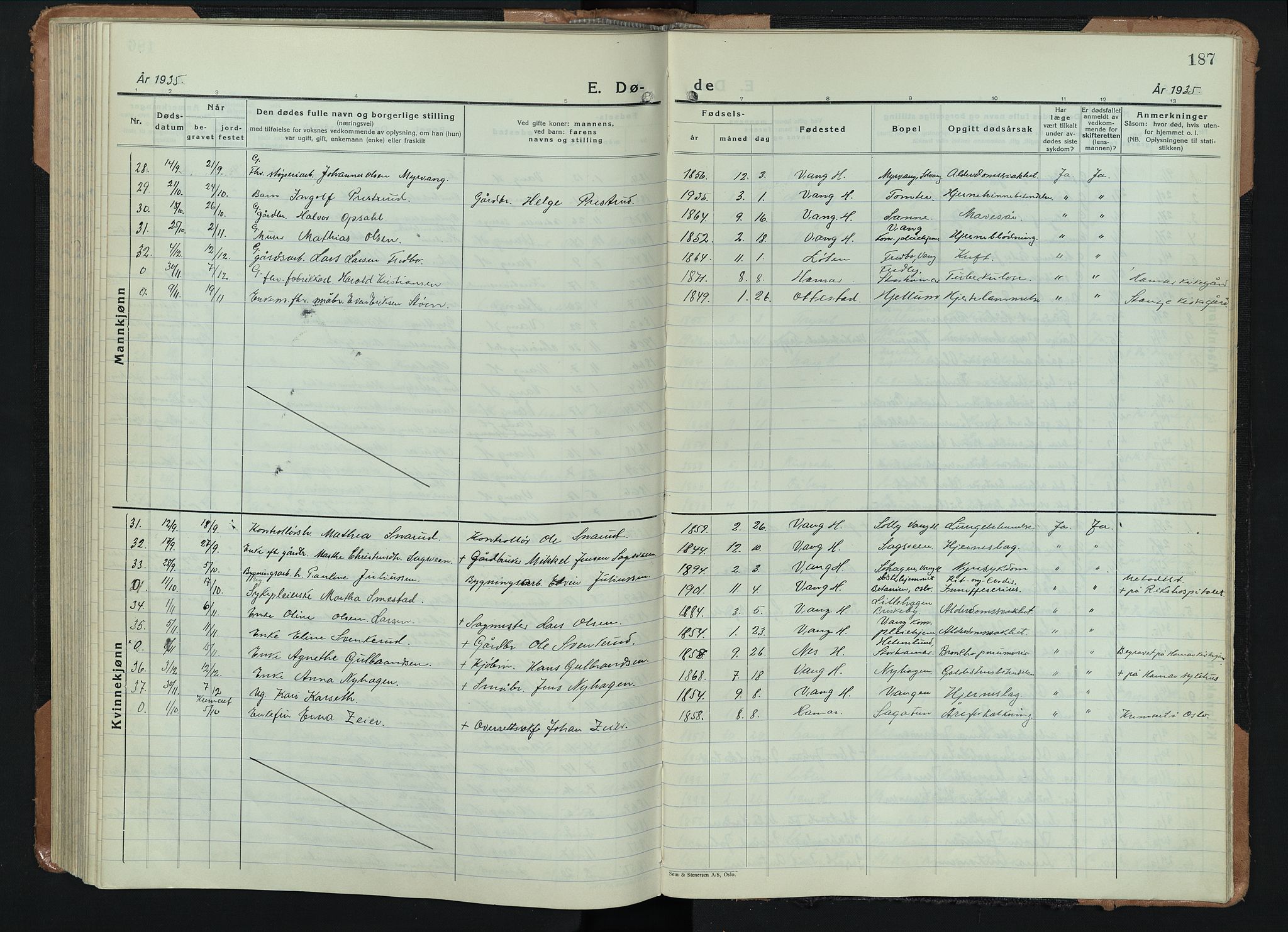 Vang prestekontor, Hedmark, AV/SAH-PREST-008/H/Ha/Hab/L0016: Parish register (copy) no. 16, 1933-1945, p. 187