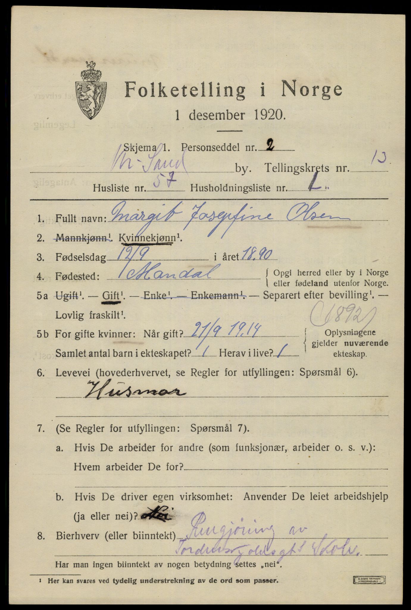 SAK, 1920 census for Kristiansand, 1920, p. 28273