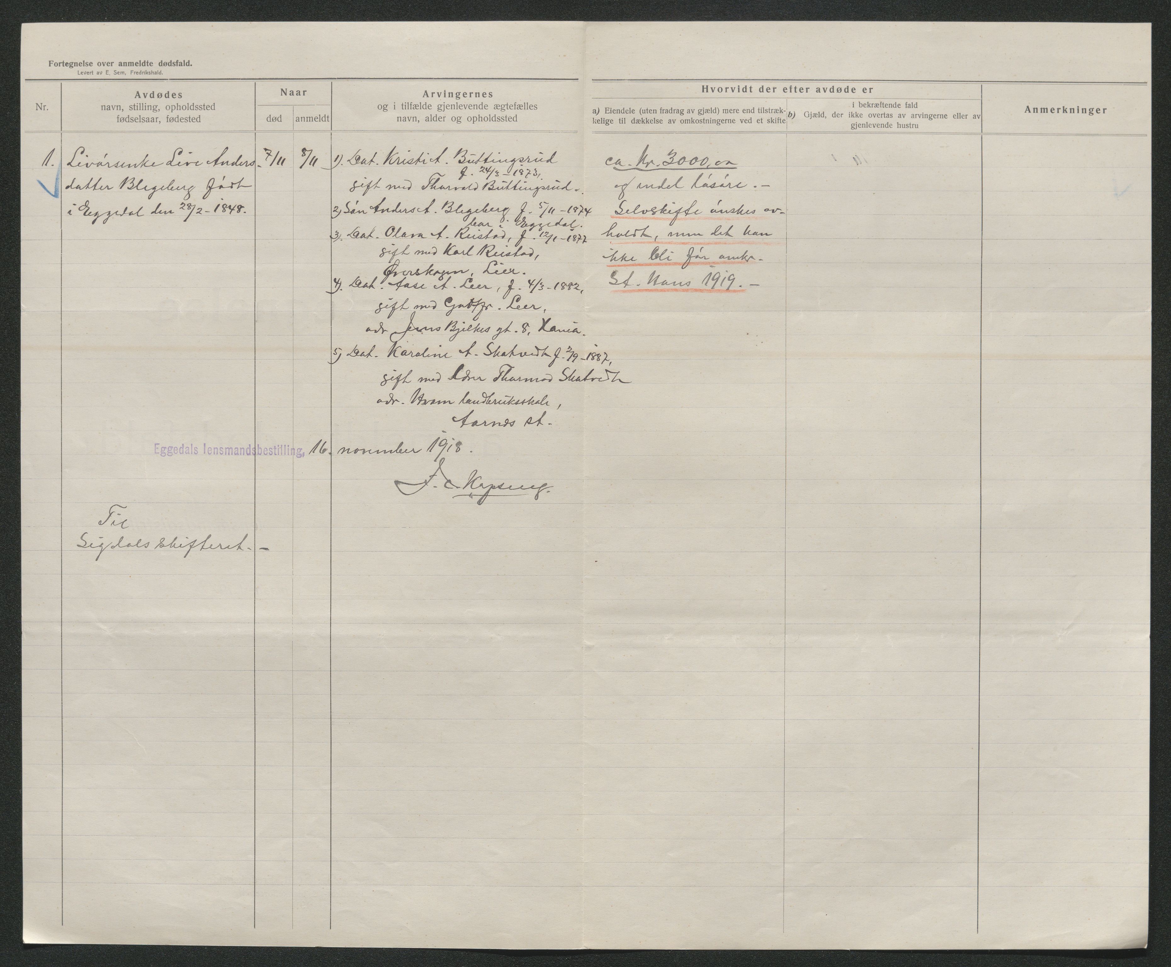 Eiker, Modum og Sigdal sorenskriveri, AV/SAKO-A-123/H/Ha/Hab/L0039: Dødsfallsmeldinger, 1918-1919, p. 749