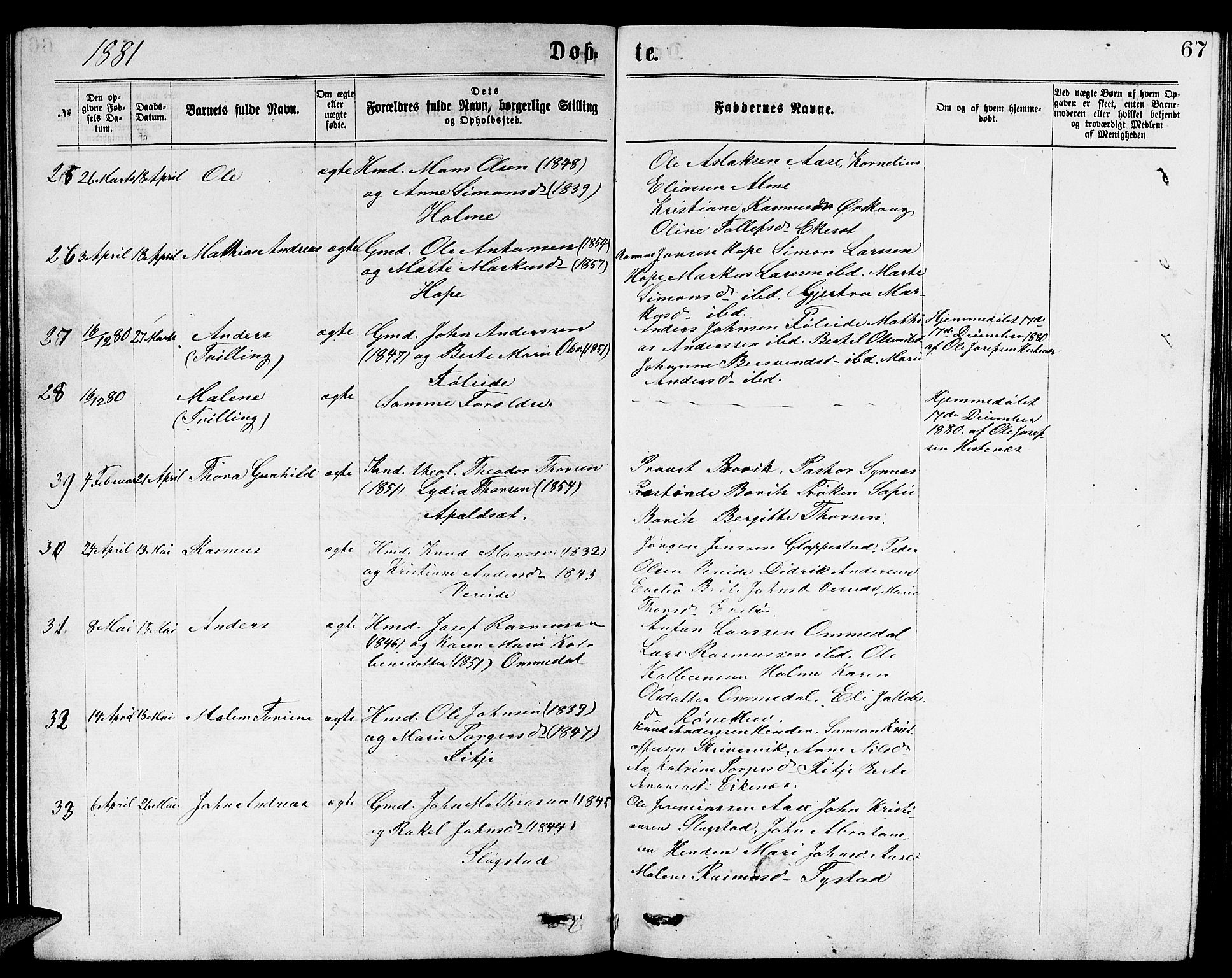 Gloppen sokneprestembete, AV/SAB-A-80101/H/Hab/Habb/L0001: Parish register (copy) no. B 1, 1872-1888, p. 67