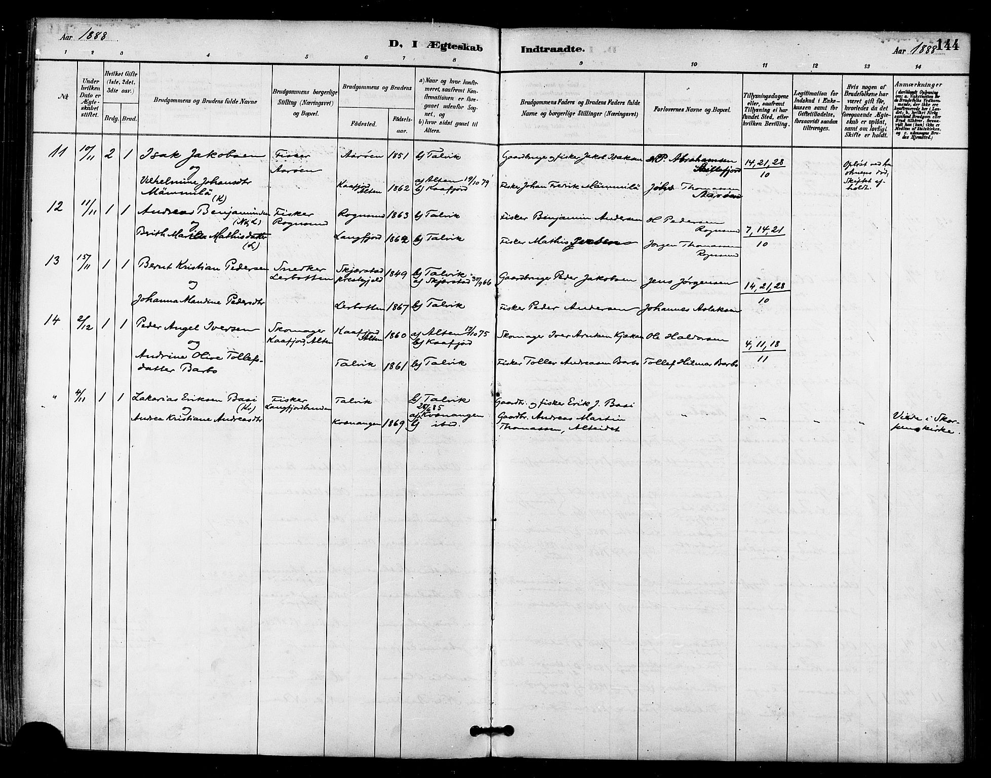 Talvik sokneprestkontor, SATØ/S-1337/H/Ha/L0013kirke: Parish register (official) no. 13, 1886-1897, p. 144