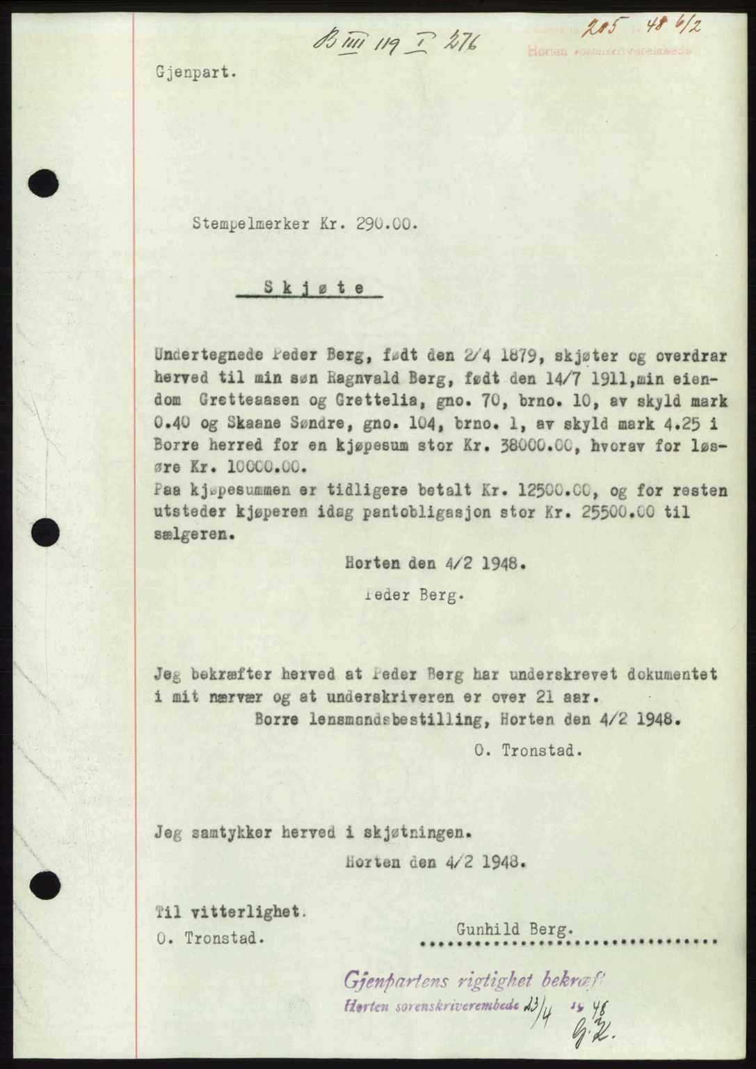 Horten sorenskriveri, AV/SAKO-A-133/G/Ga/Gaa/L0010: Mortgage book no. A-10, 1947-1948, Diary no: : 205/1948