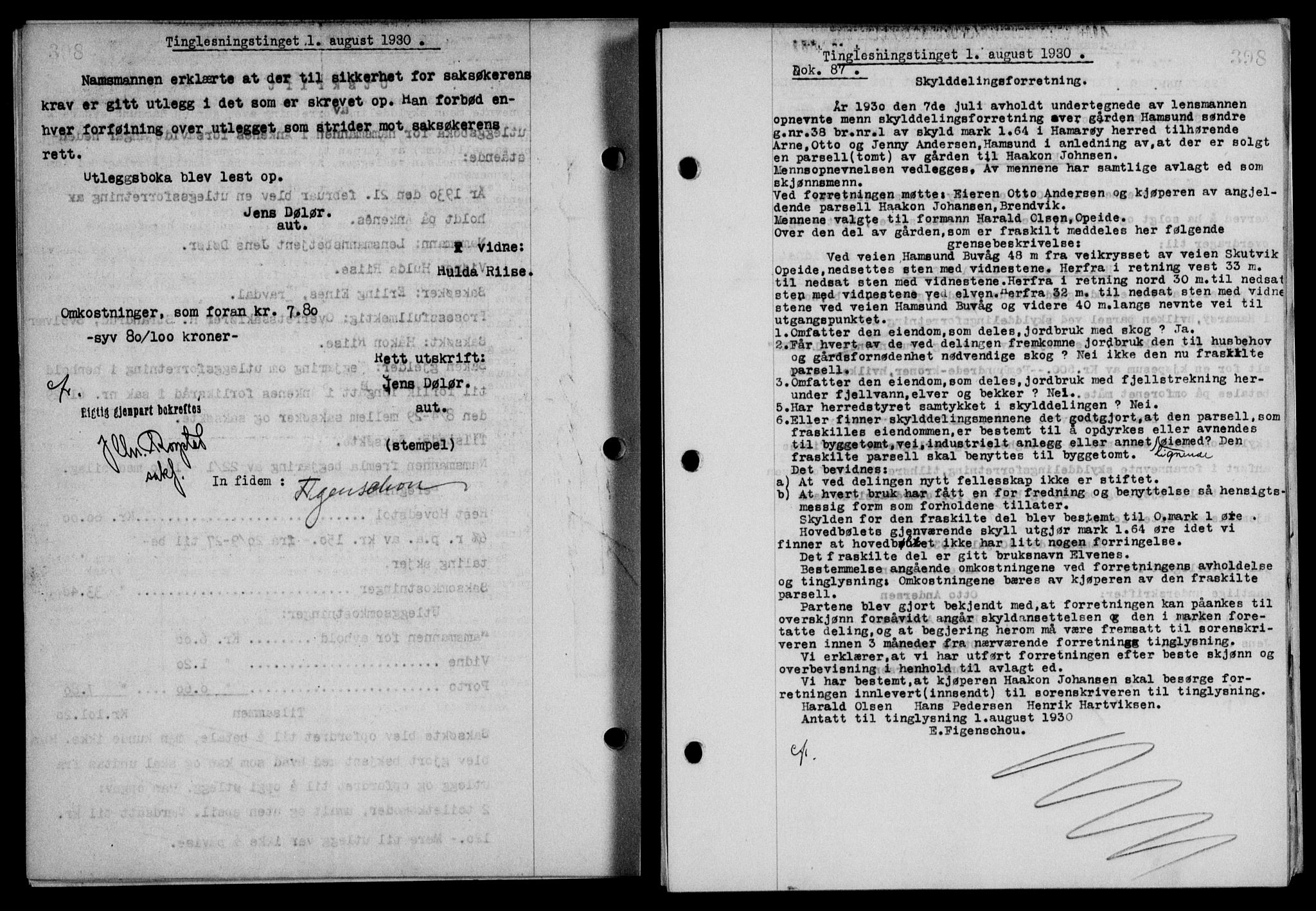 Steigen og Ofoten sorenskriveri, SAT/A-0030/1/2/2C/L0018/0001: Mortgage book no. 20-II og 21, 1930-1931, Deed date: 01.08.1930