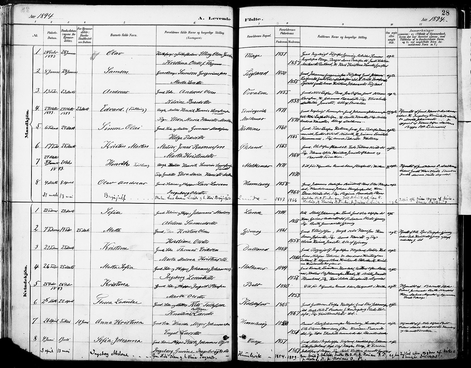 Tysnes sokneprestembete, SAB/A-78601/H/Haa: Parish register (official) no. B 1, 1887-1906, p. 28