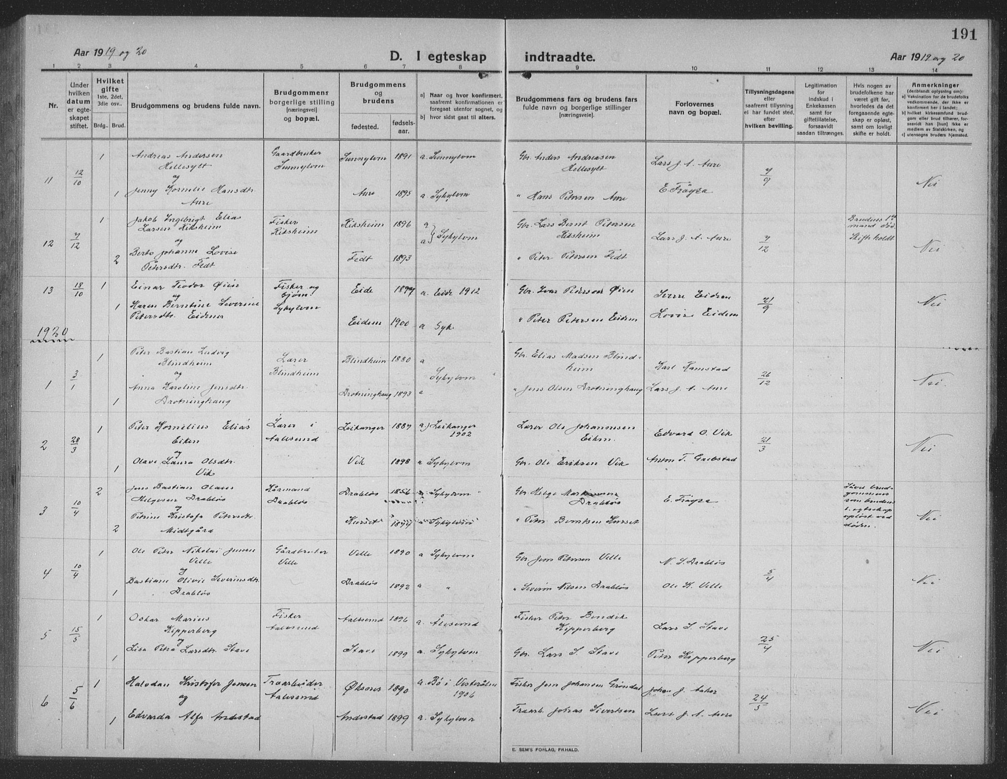 Ministerialprotokoller, klokkerbøker og fødselsregistre - Møre og Romsdal, AV/SAT-A-1454/523/L0342: Parish register (copy) no. 523C05, 1916-1937, p. 191