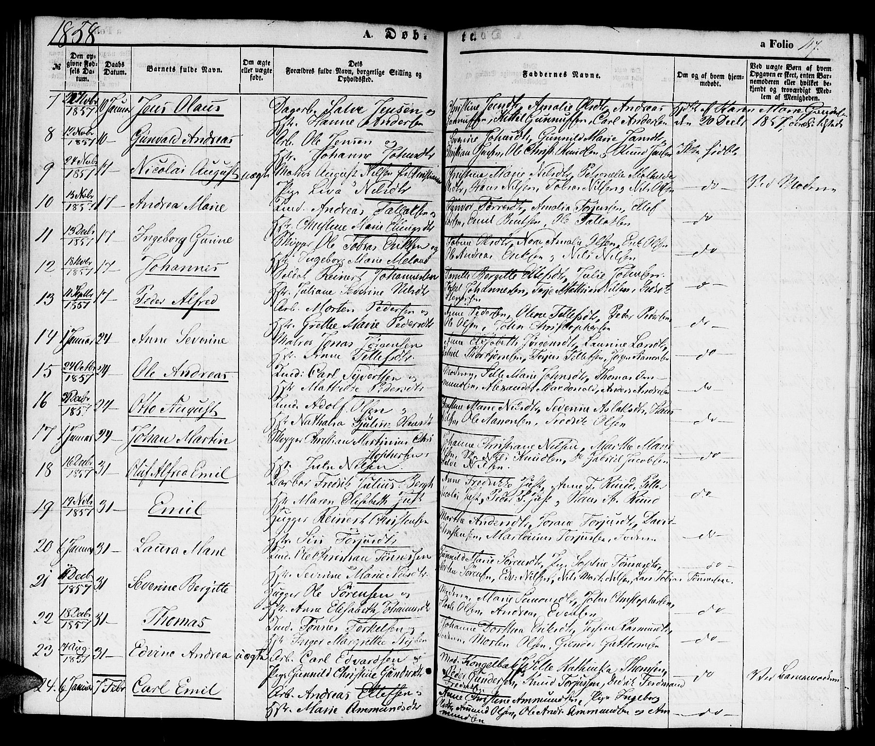 Kristiansand domprosti, SAK/1112-0006/F/Fb/L0011: Parish register (copy) no. B 11, 1851-1861, p. 117
