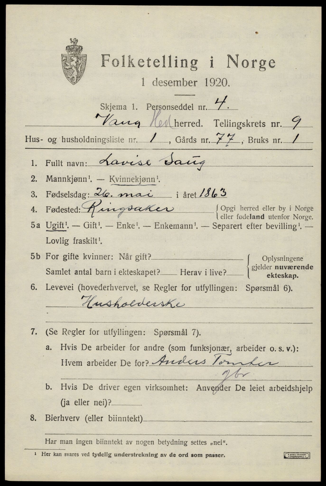 SAH, 1920 census for Vang (Hedmark), 1920, p. 18095