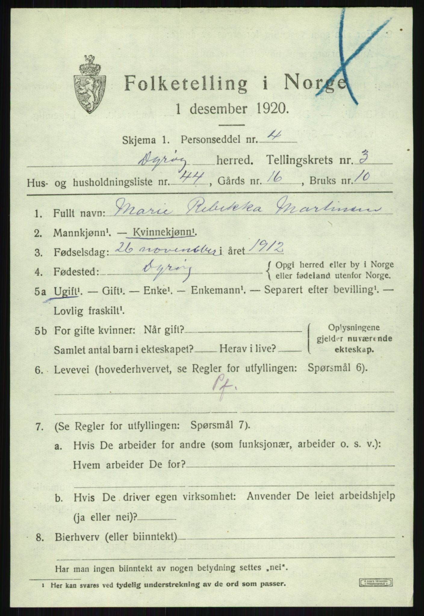 SATØ, 1920 census for Dyrøy, 1920, p. 2183