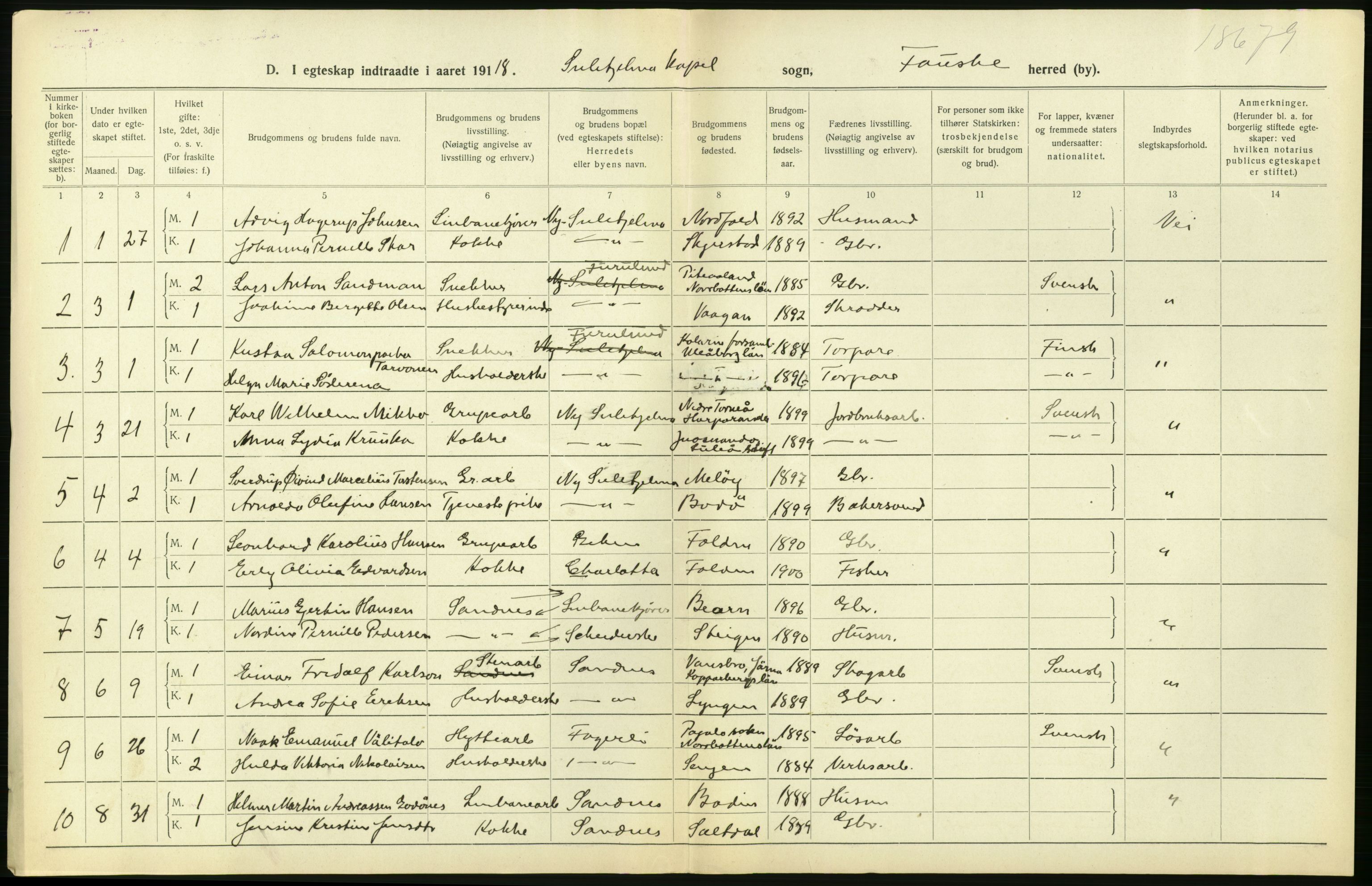 Statistisk sentralbyrå, Sosiodemografiske emner, Befolkning, AV/RA-S-2228/D/Df/Dfb/Dfbh/L0054: Nordland fylke: Gifte, dødfødte. Bygder og byer., 1918, p. 148