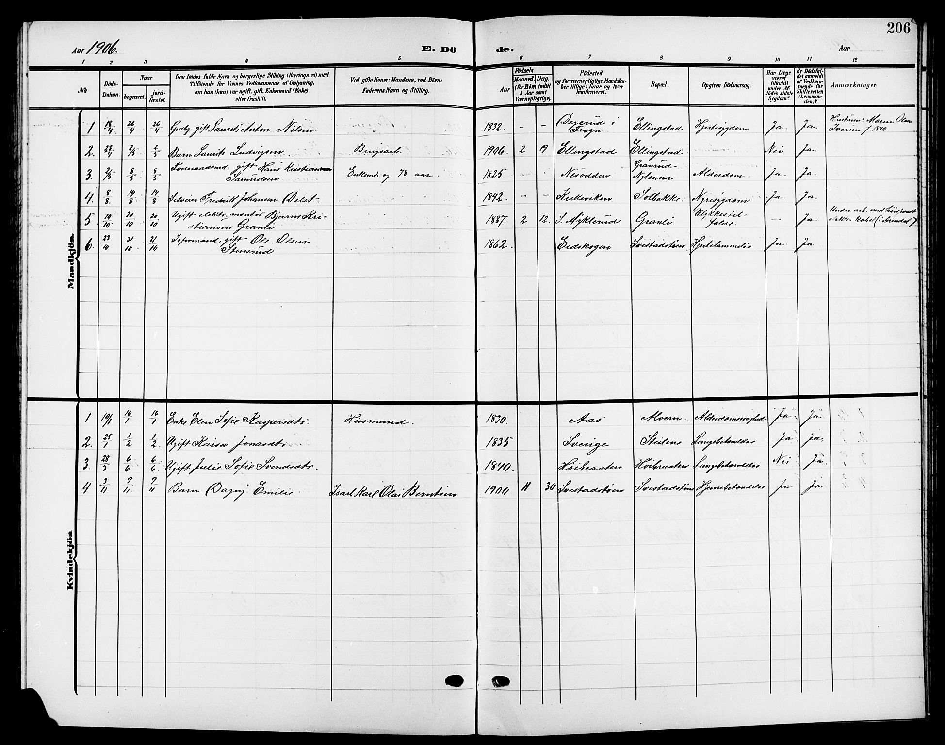 Nesodden prestekontor Kirkebøker, SAO/A-10013/G/Ga/L0002: Parish register (copy) no. I 2, 1905-1924, p. 206
