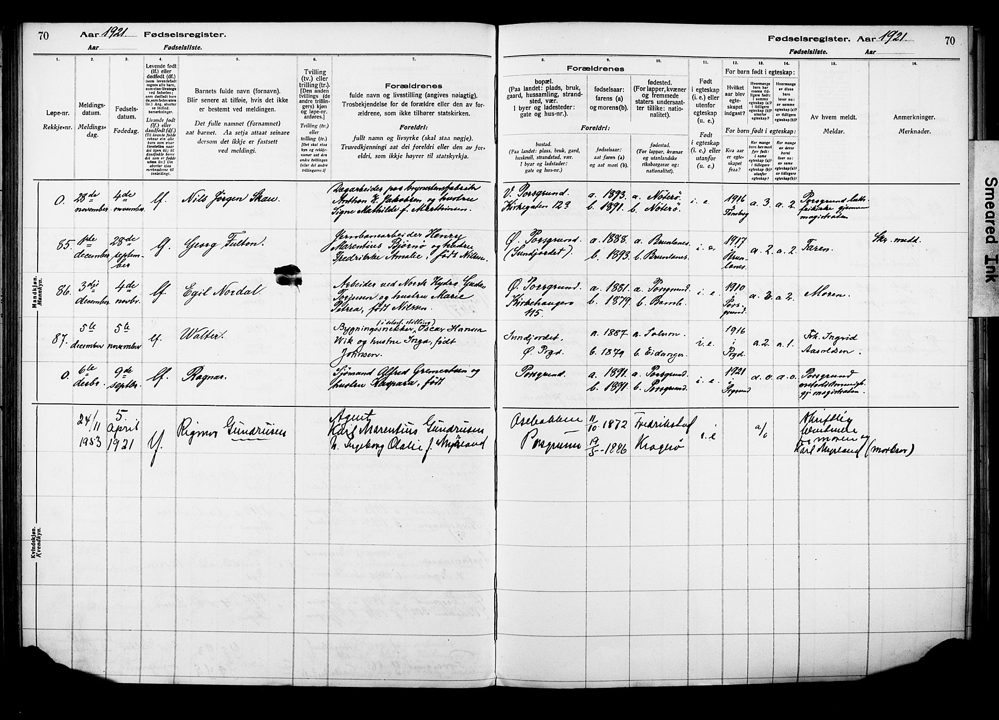 Porsgrunn kirkebøker , AV/SAKO-A-104/J/Ja/L0001: Birth register no. 1, 1916-1929, p. 70